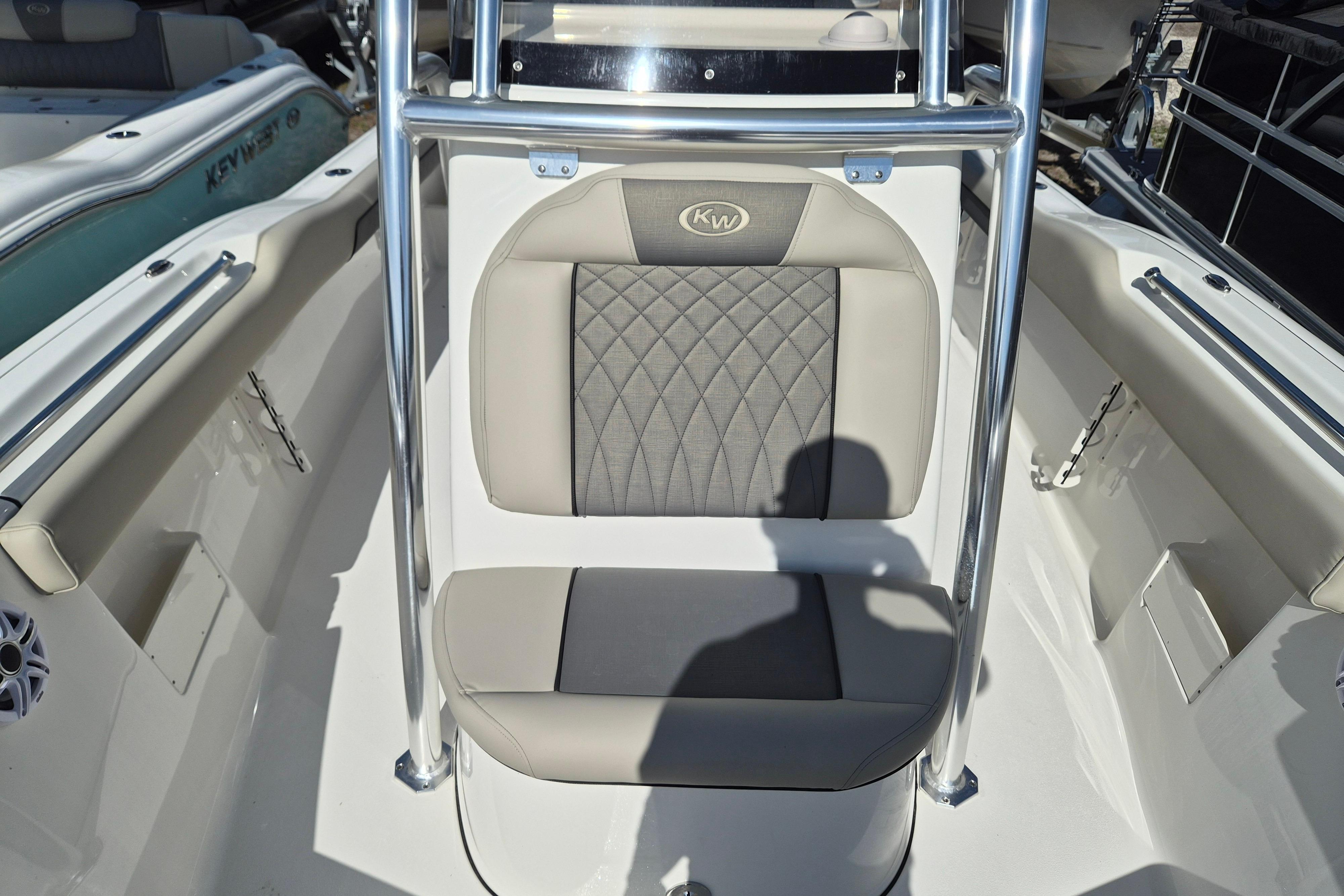 2026 Key West 239 FS boat seat with quilted upholstery and stainless steel frame.