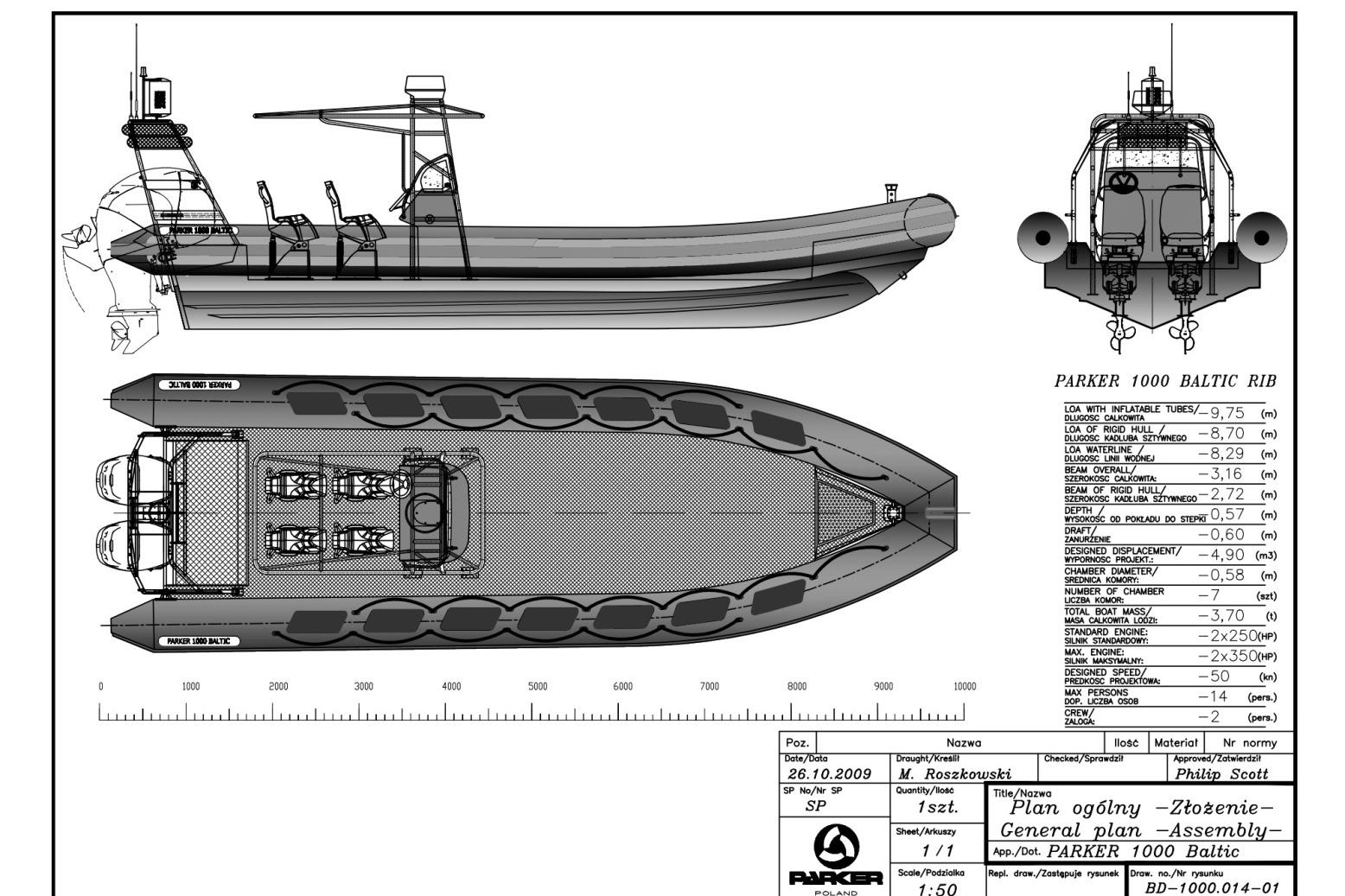 Blueprint of Parker 1000 Baltic RIB boat, 2018 model, showing detailed design and specifications.