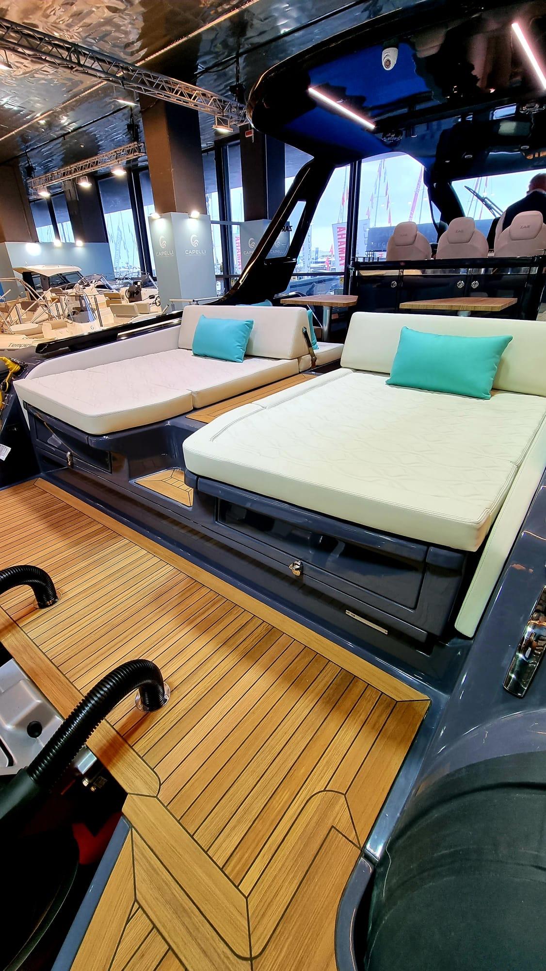 2024 Zar Formenti Imagine 130 luxury yacht with spacious sunbeds and teak flooring.