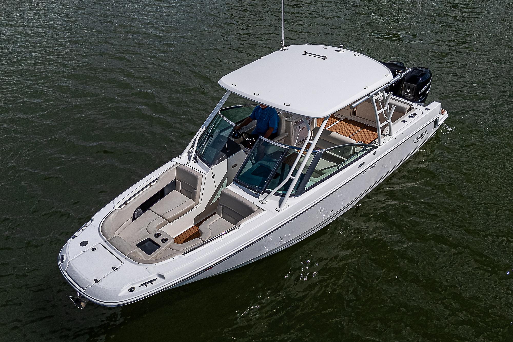 2018 Boston Whaler 270 Vantage boat on water, aerial view.