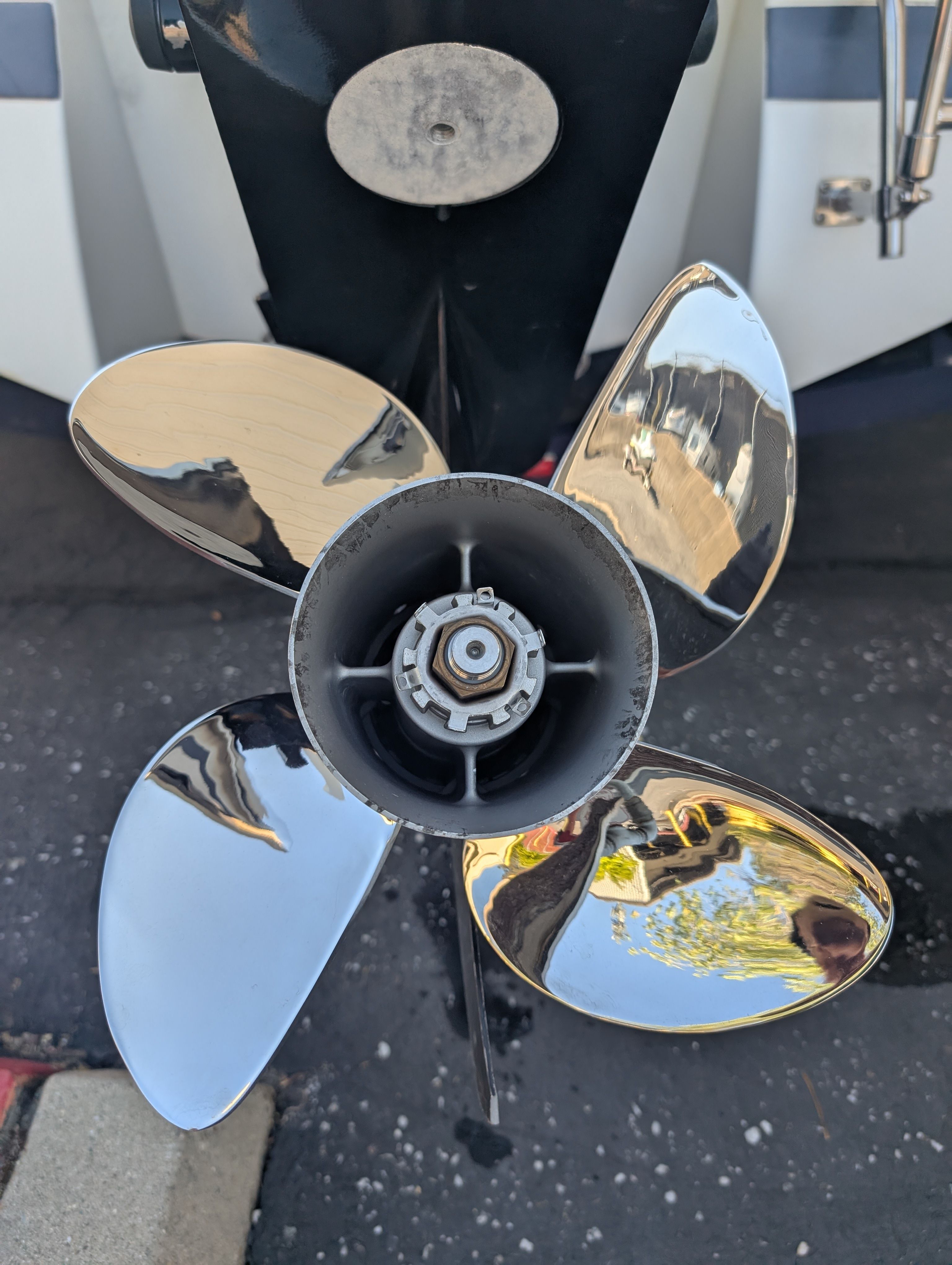 Close-up of a shiny propeller on a 1997 Cobalt 190 boat.