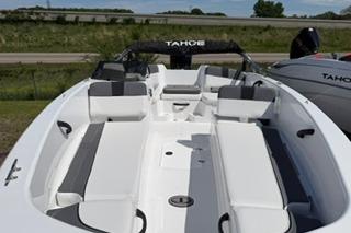 2026 Tahoe T18 boat with sleek white design and spacious seating.