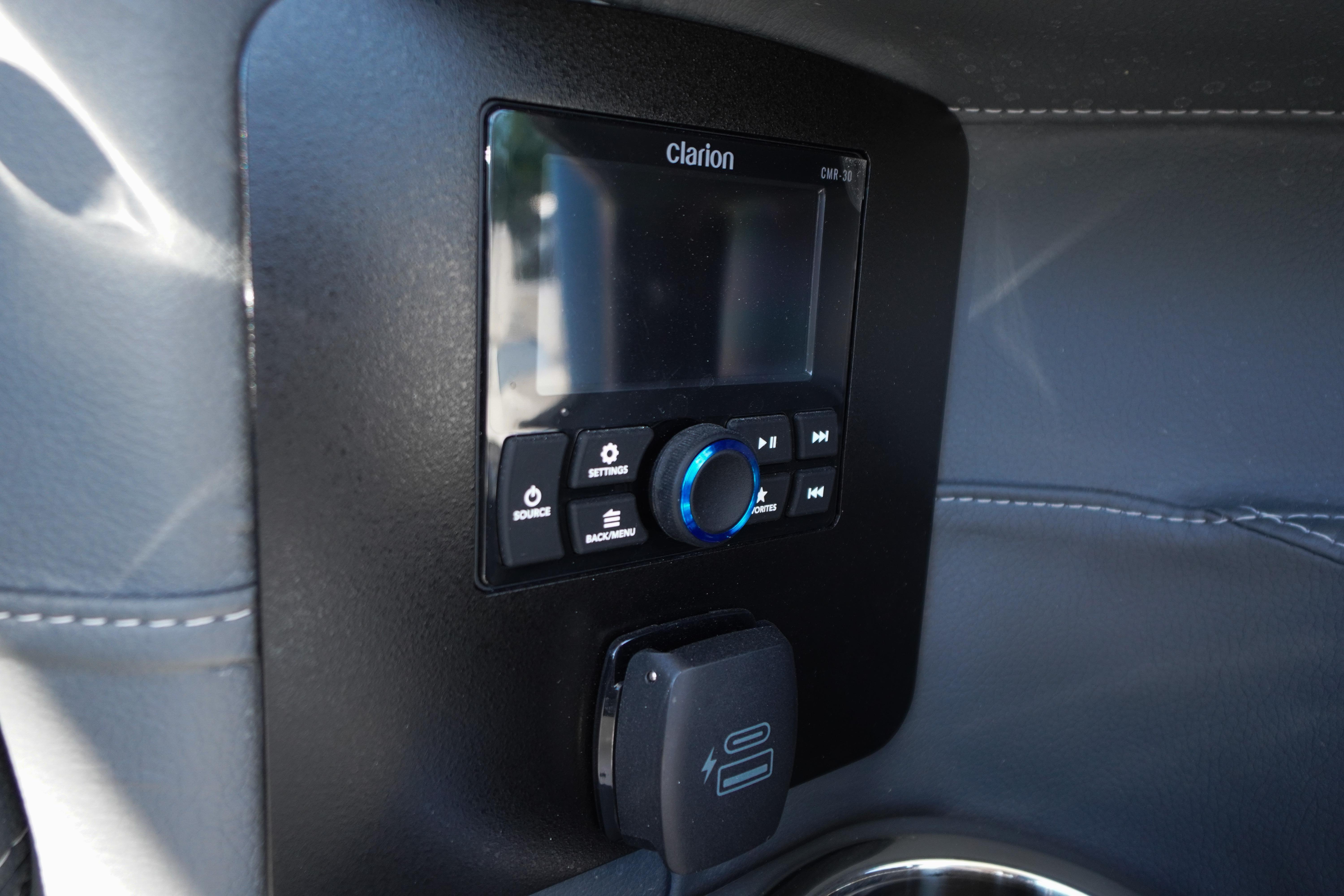 Clarion audio system in 2026 Chaparral 270 OSX boat interior.