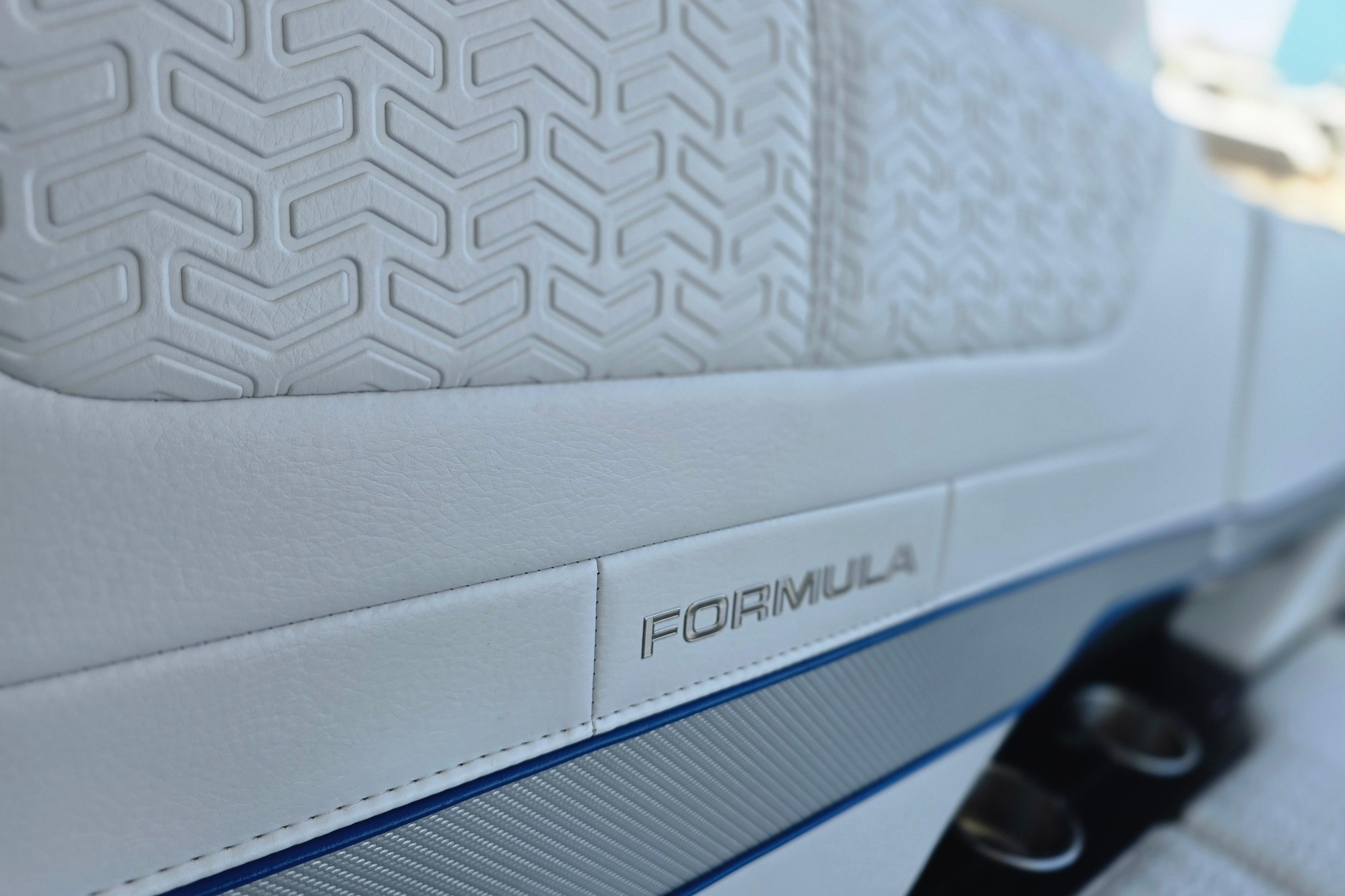 2025 Formula 380 Super Sport Crossover OB interior detail with textured white upholstery.