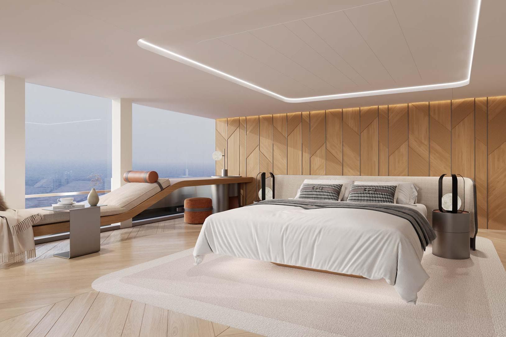 Luxurious bedroom interior on Sunreef 40M Explorer Eco yacht, 2026 model, featuring modern design.