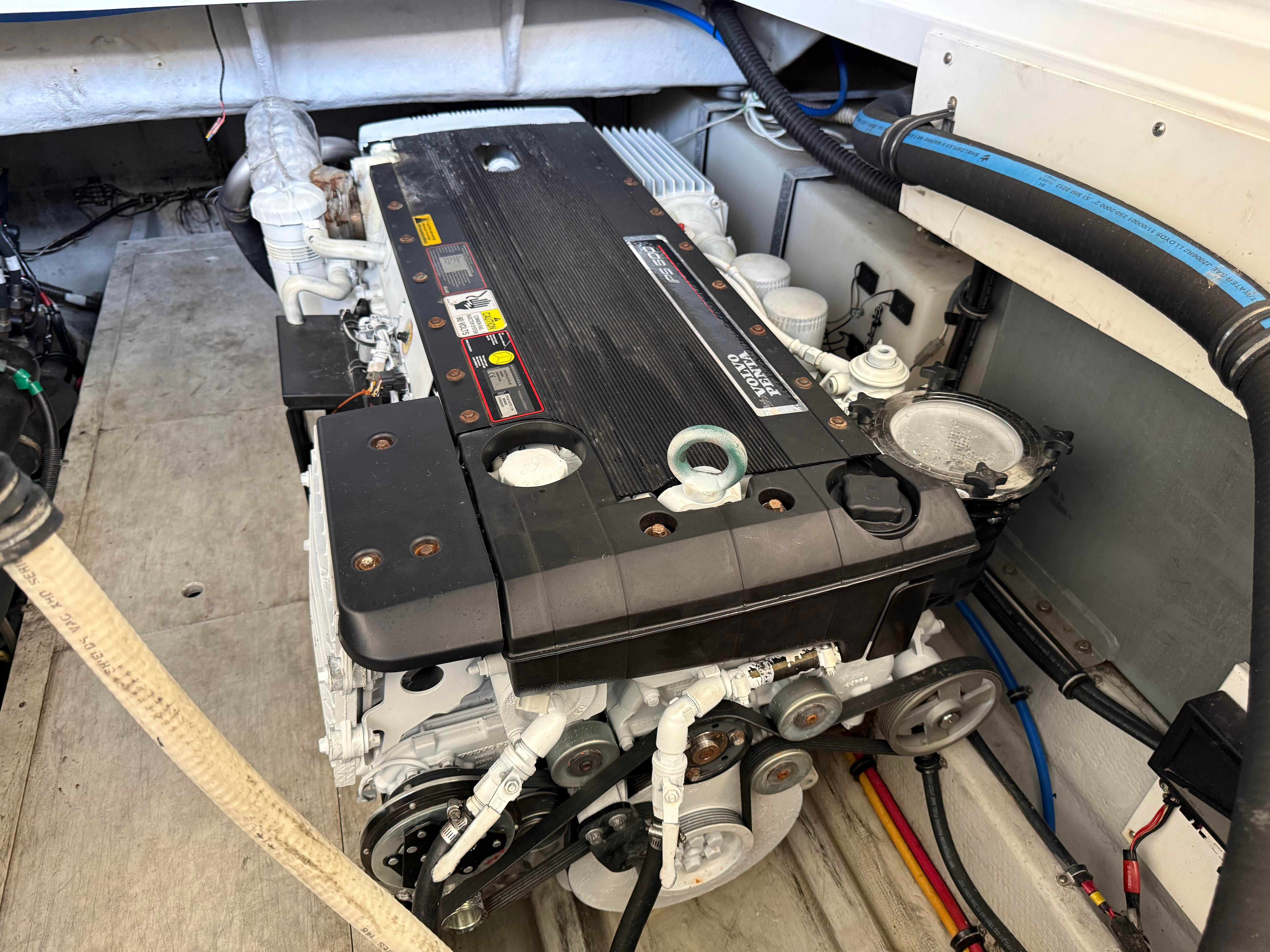 Engine room of a 2007 Chris-Craft Roamer 40 with visible engine.