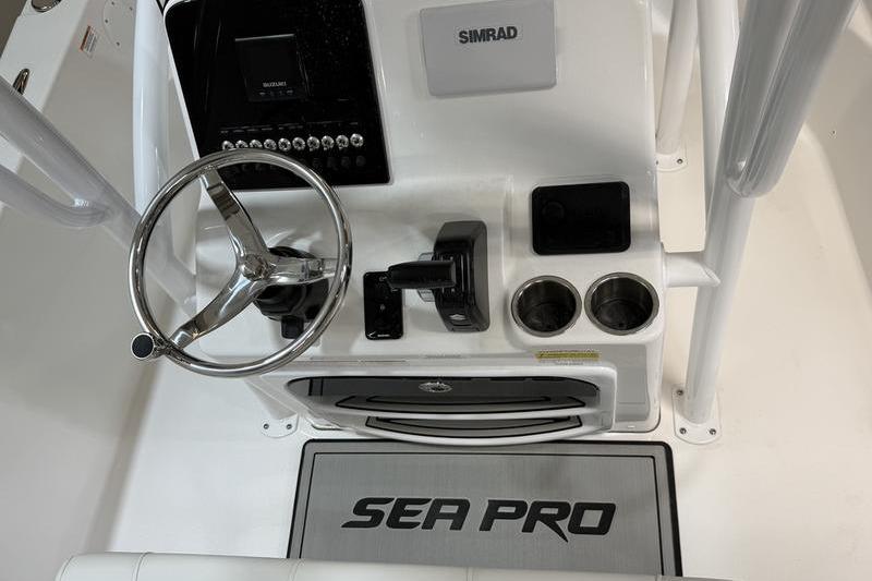 2026 Sea Pro 202 Center Console dashboard with steering wheel and Simrad electronics.