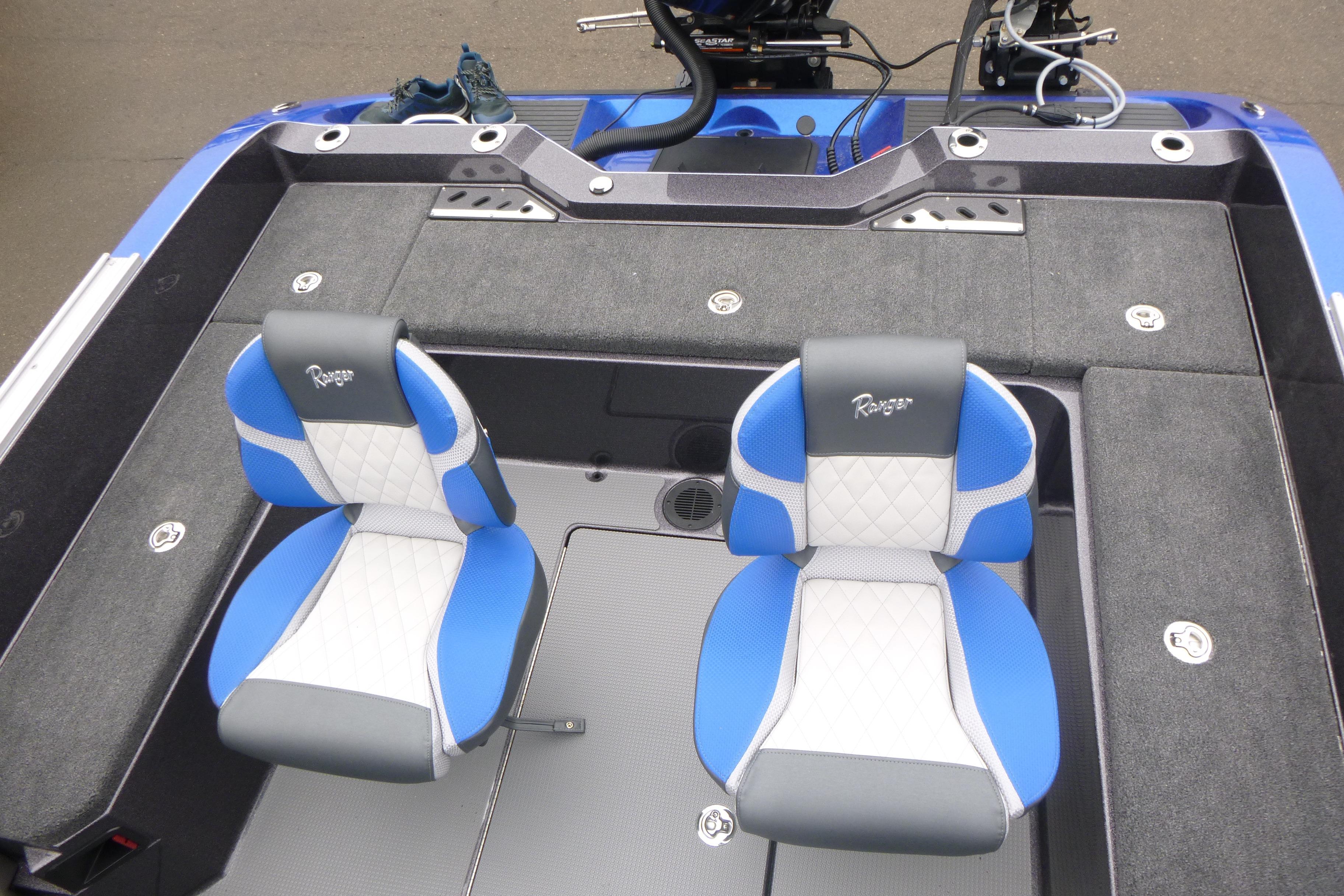 2026 Ranger 620FS Cup Equipped boat interior with blue and gray seating.