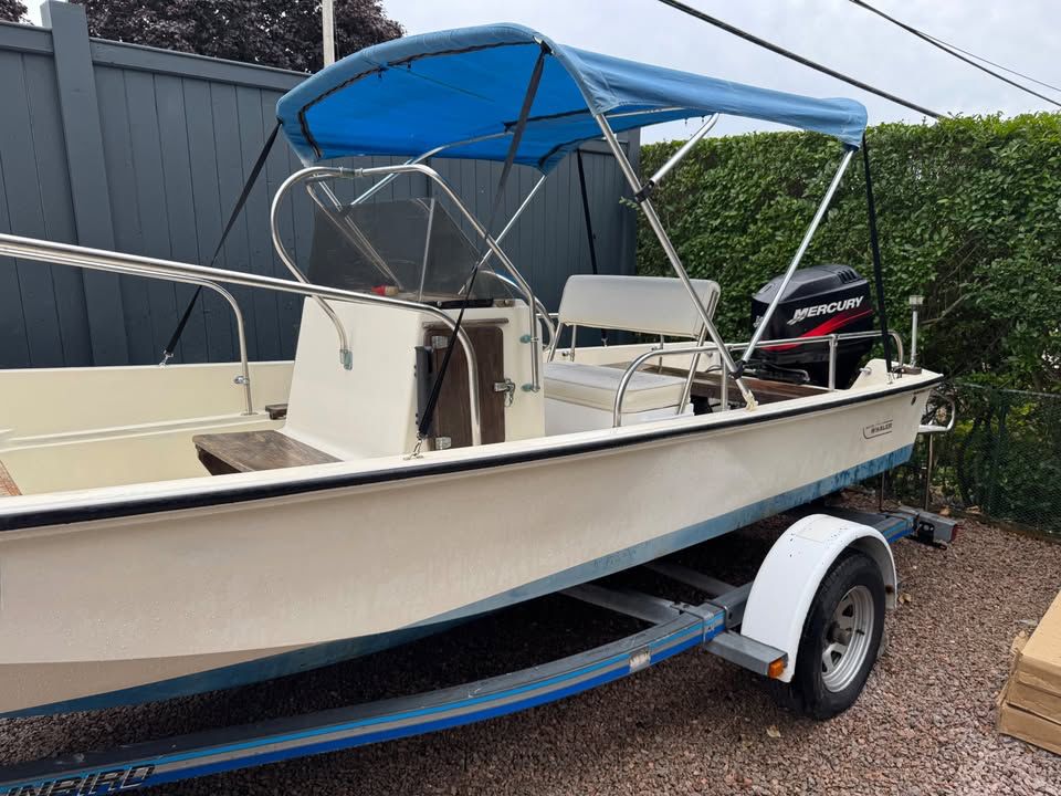 A 1976 Boston Whaler 17 Montauk on a trailer. It features a blue sunshade and a Mercury outboard motor.