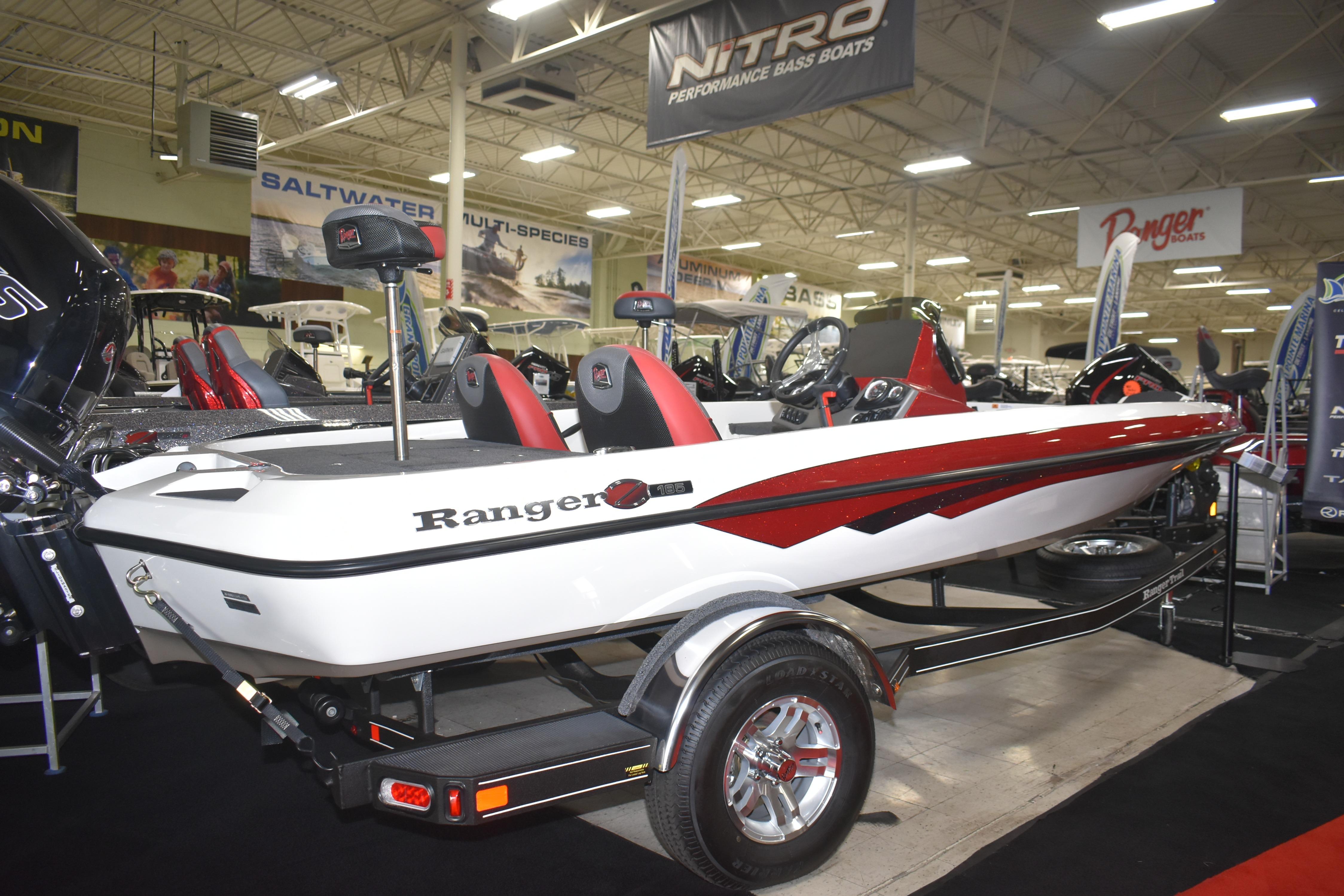 2025 Ranger Z185 boat on display in showroom, featuring sleek design and modern features.