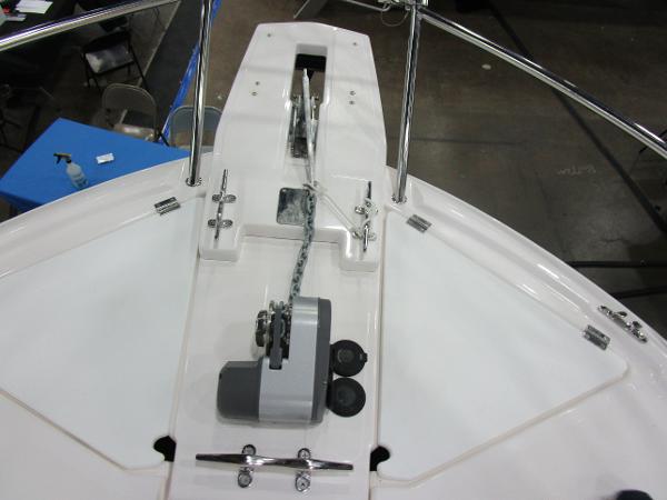 2025 Cutwater C-248 Coupe boat deck with anchor chain and winch system.