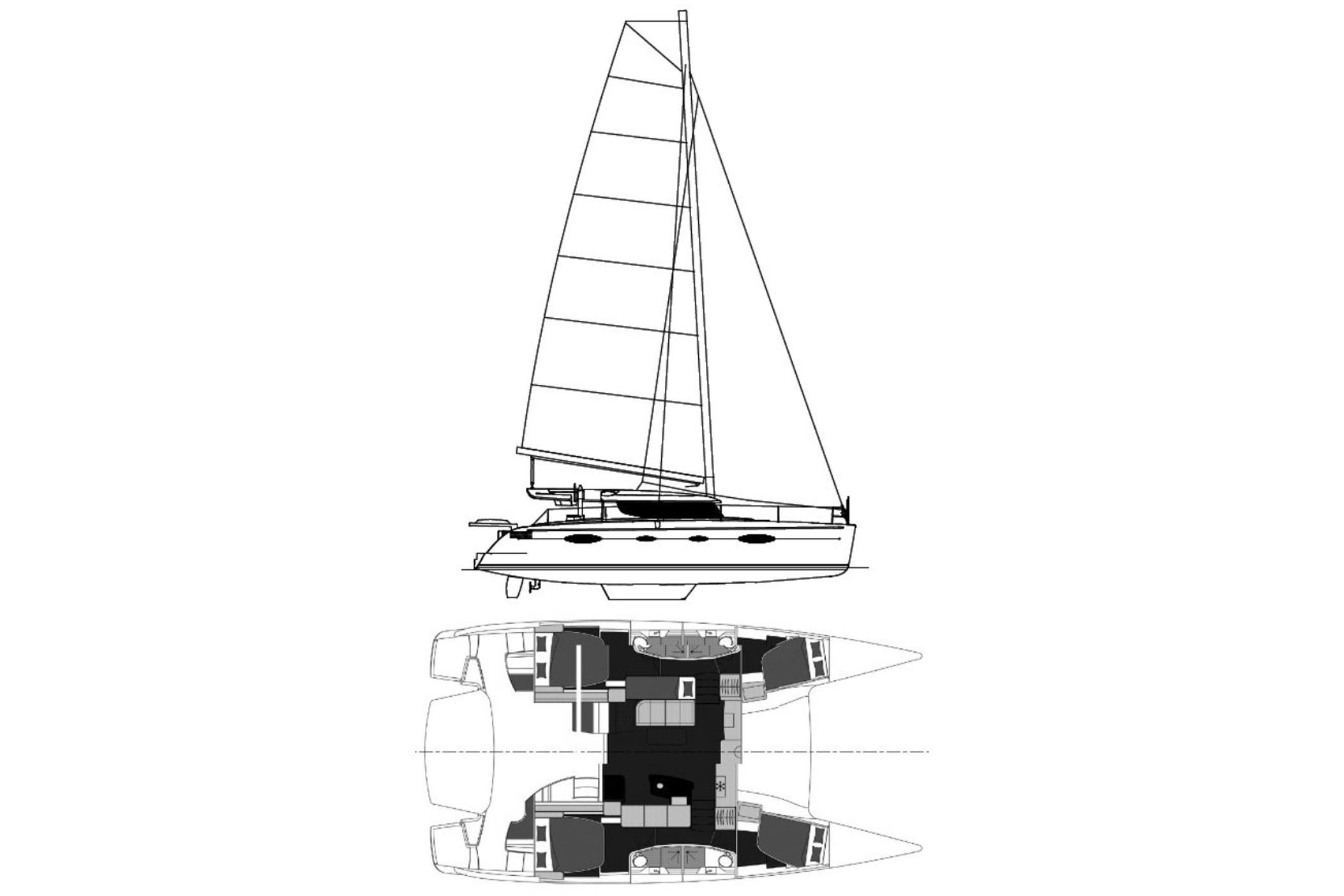 Line drawing of a 2008 Fountaine Pajot Salina 48 catamaran, showcasing side and top views.