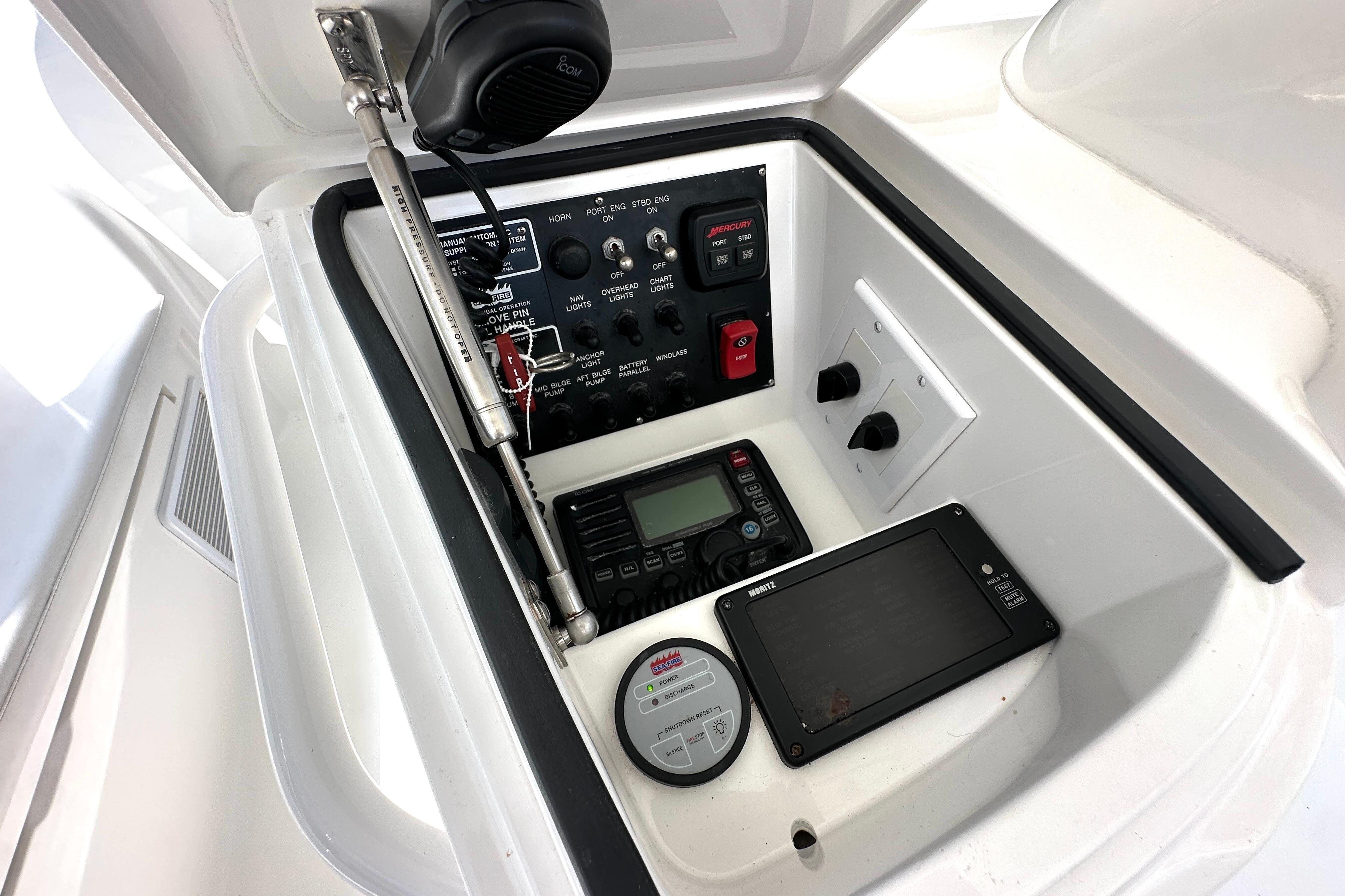 Control panel of a 2012 Viking 42 Open boat with navigation and communication equipment.
