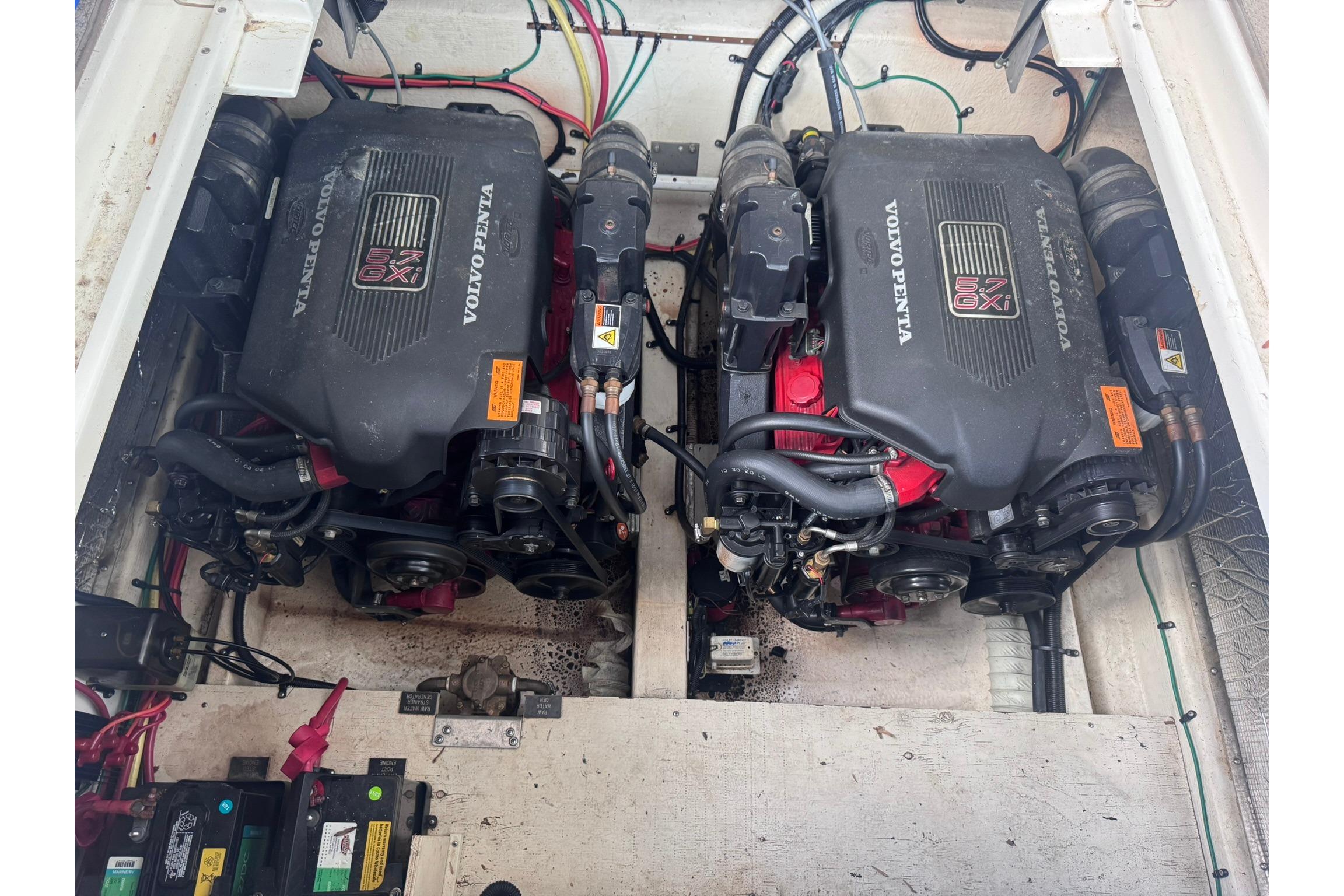 Engine compartment of a 2002 Cruisers Yachts 3275 Express with Volvo Penta engines.