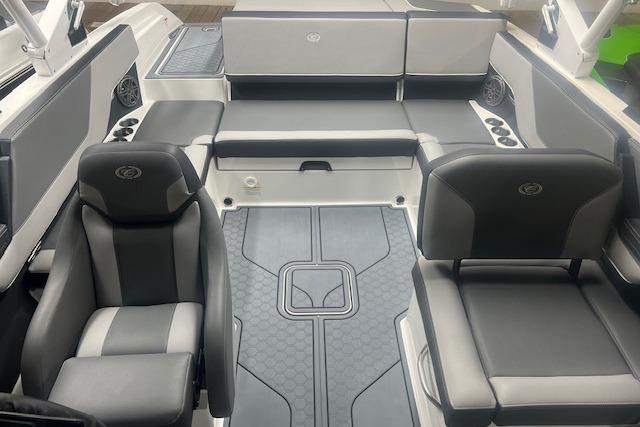 2025 Cobalt CS23 Surf boat interior with sleek seating and modern design.