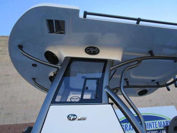 2025 Sea Pro 292 Offshore boat, close-up of helm and T-top design.