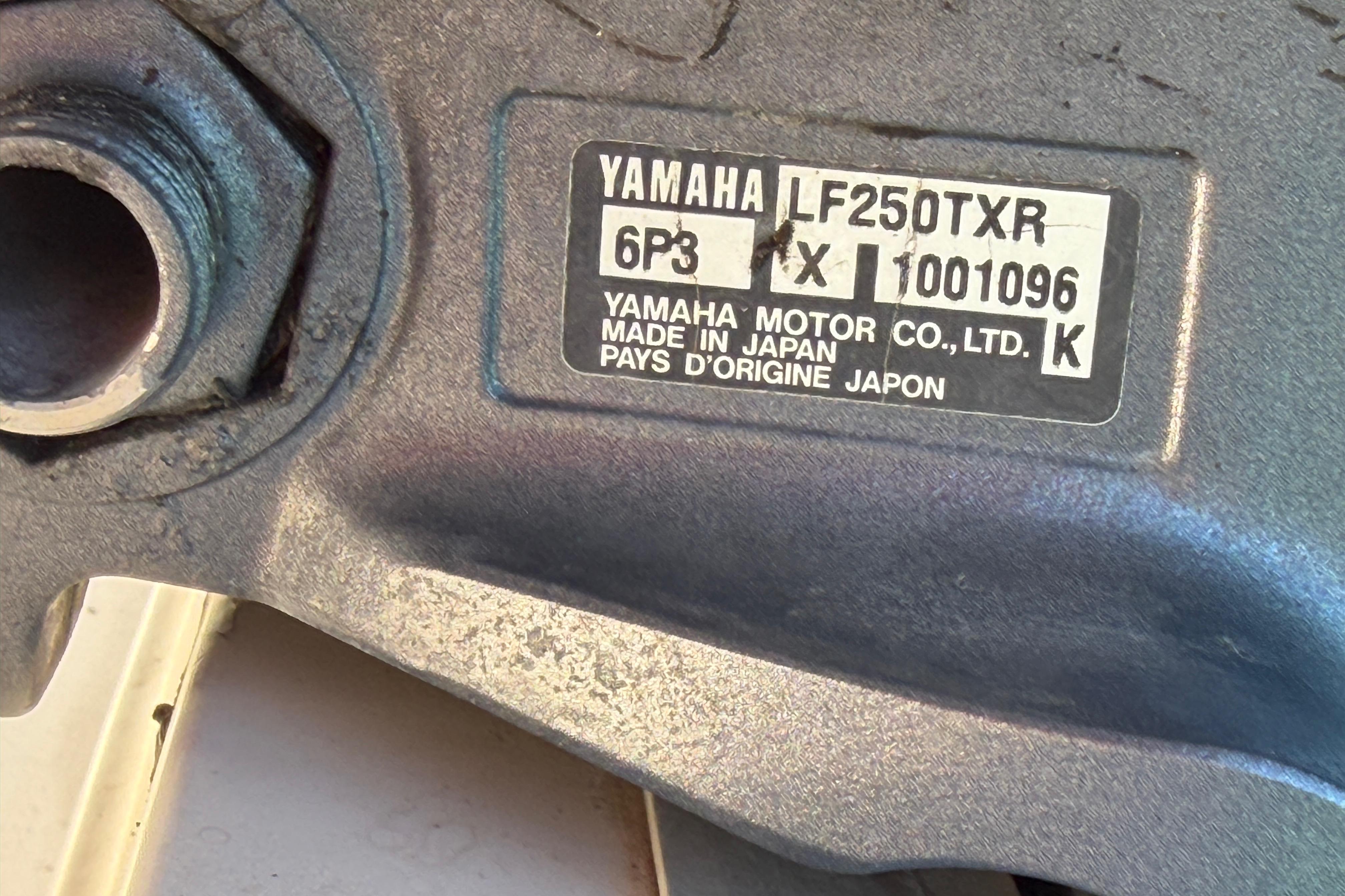 Close-up of Yamaha LF250TXR engine label on 2006 Grady-White Sailfish 282 boat.