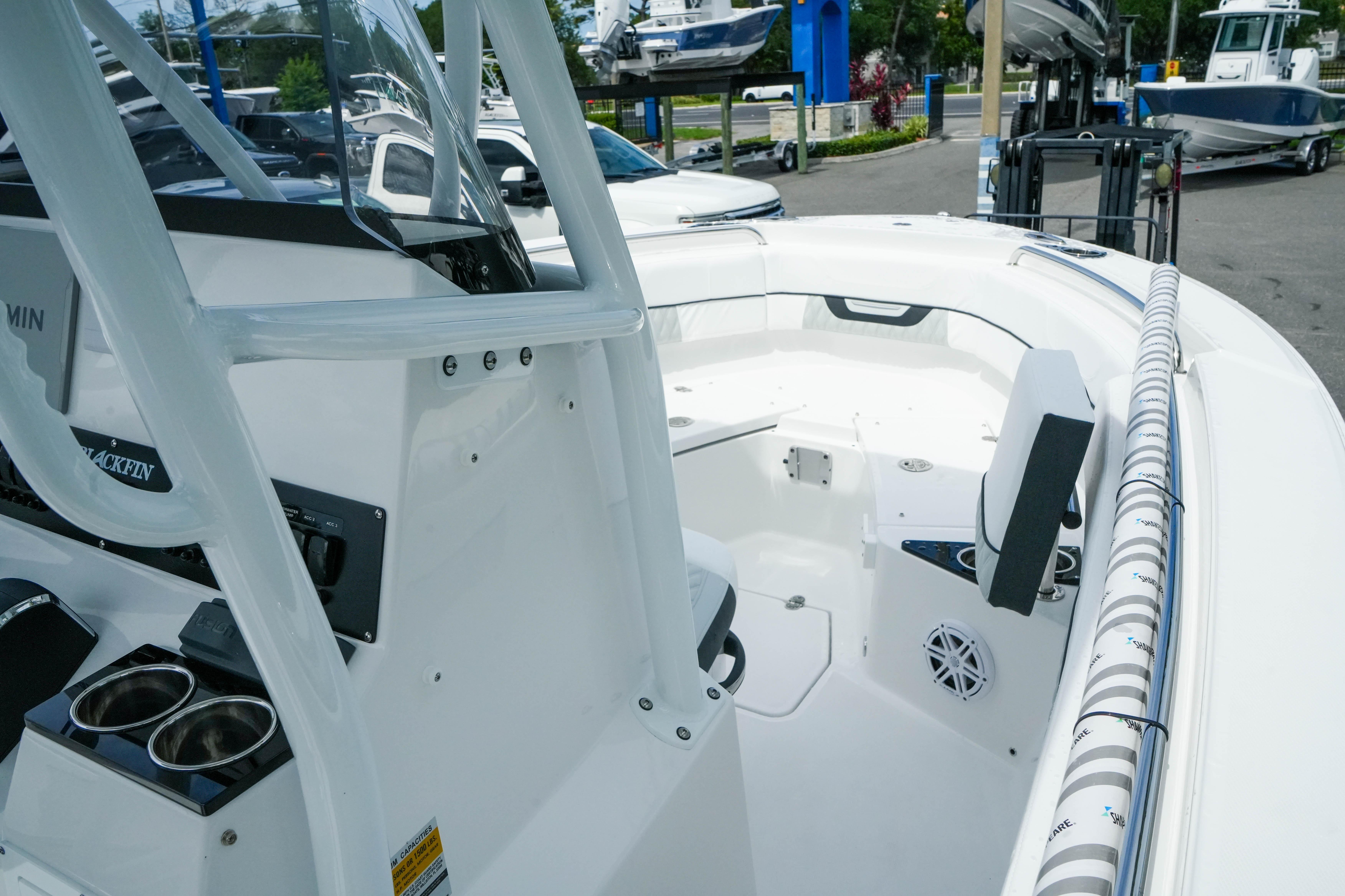 2026 Blackfin 222 CC boat interior with modern console and seating.