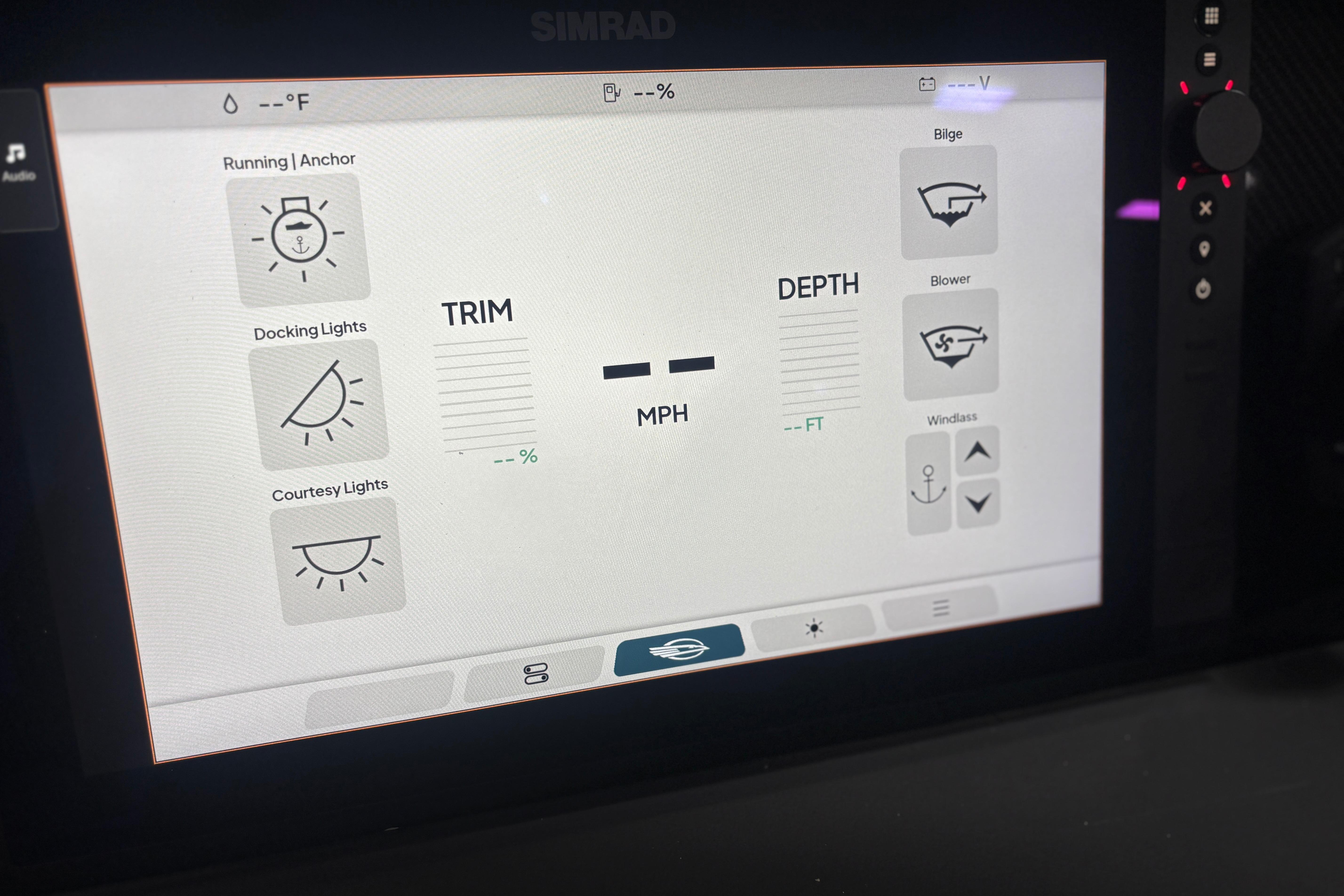 2026 Chaparral SSX 30 boat control panel displaying trim, depth, and lighting options.