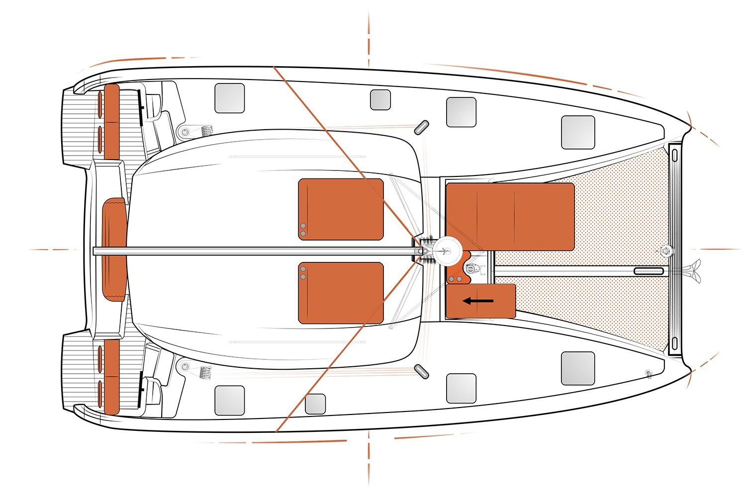 Manufacturer Provided Image: Top view layout of 2026 Excess 11 catamaran, showcasing deck and seating areas.