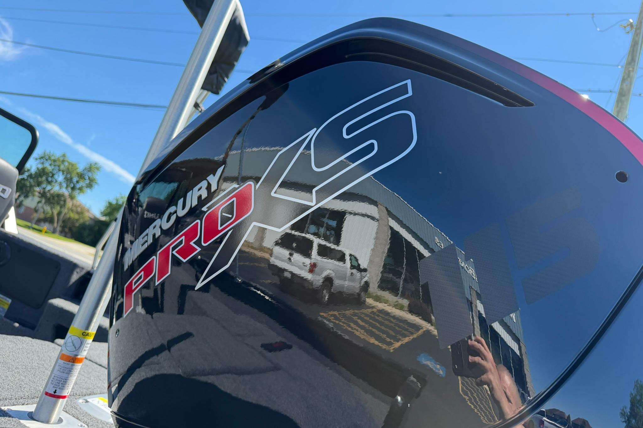 Close-up of Mercury Pro XS engine on 2027 Lund 1775 Impact XS Sport boat.