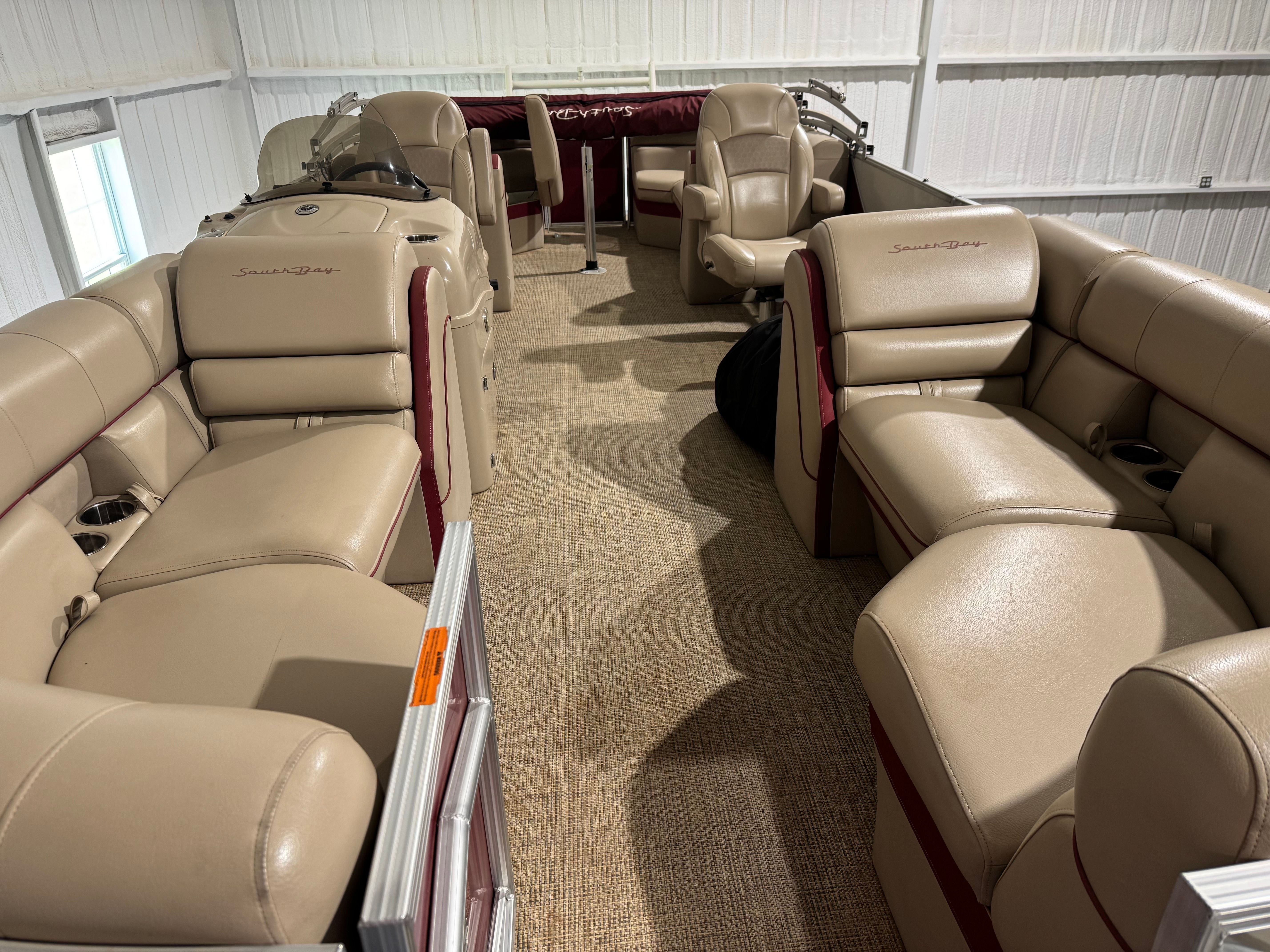 Interior of a Custom 523 RS boat, beige leather seating, year 2016.