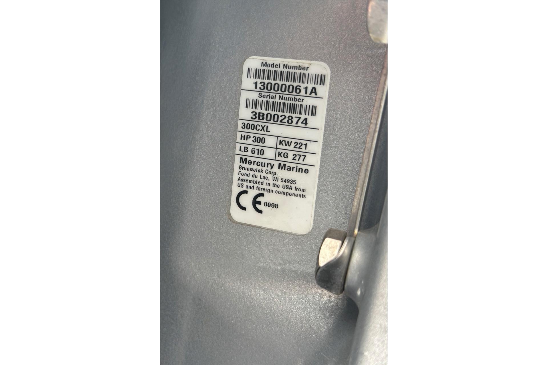 Label on Mercury Marine engine, model 300CXL, 300 HP, for Custom Infusion 34 CC, 2021.