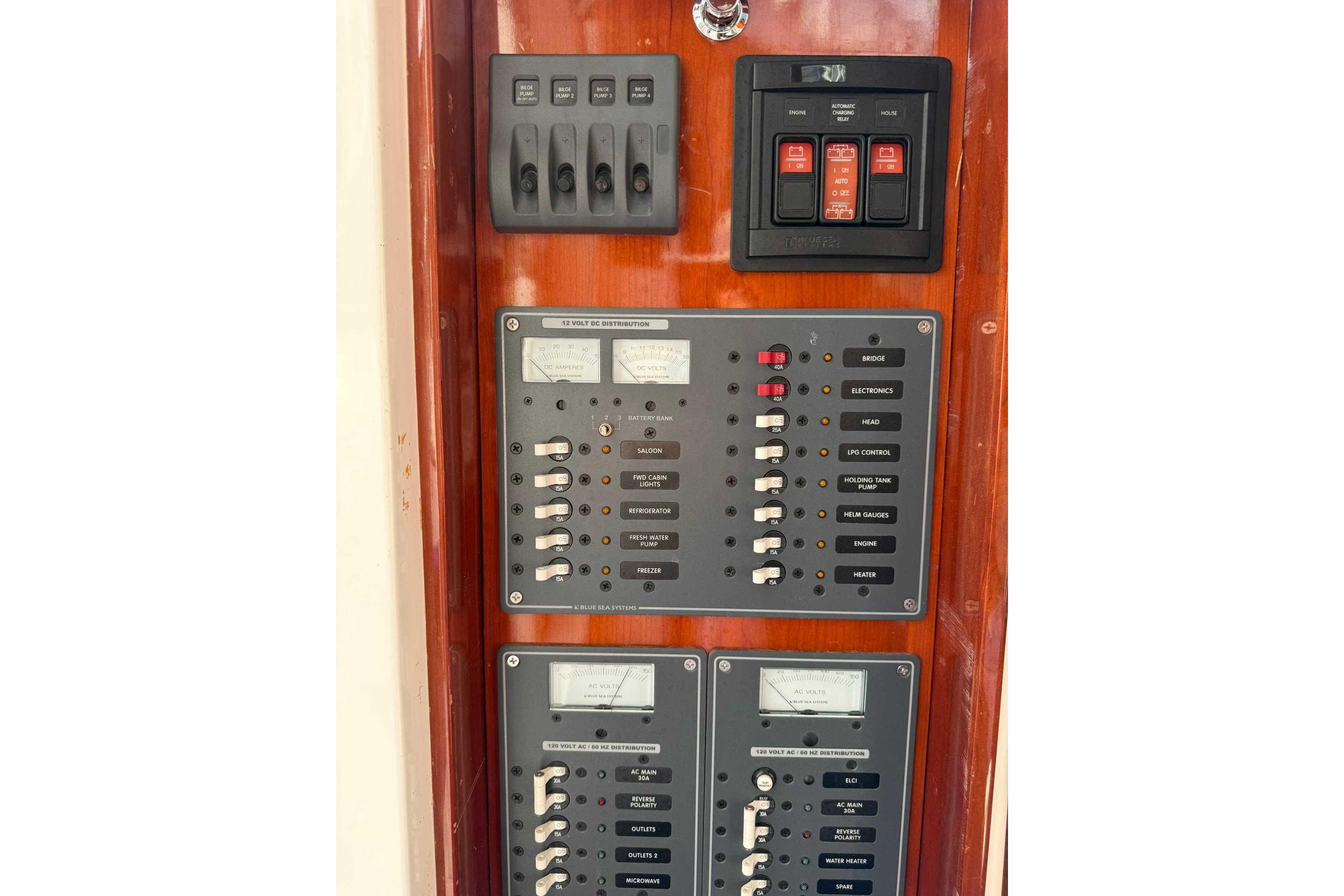 Electrical control panel on a 2020 SeaPiper 35 boat, featuring switches and gauges.