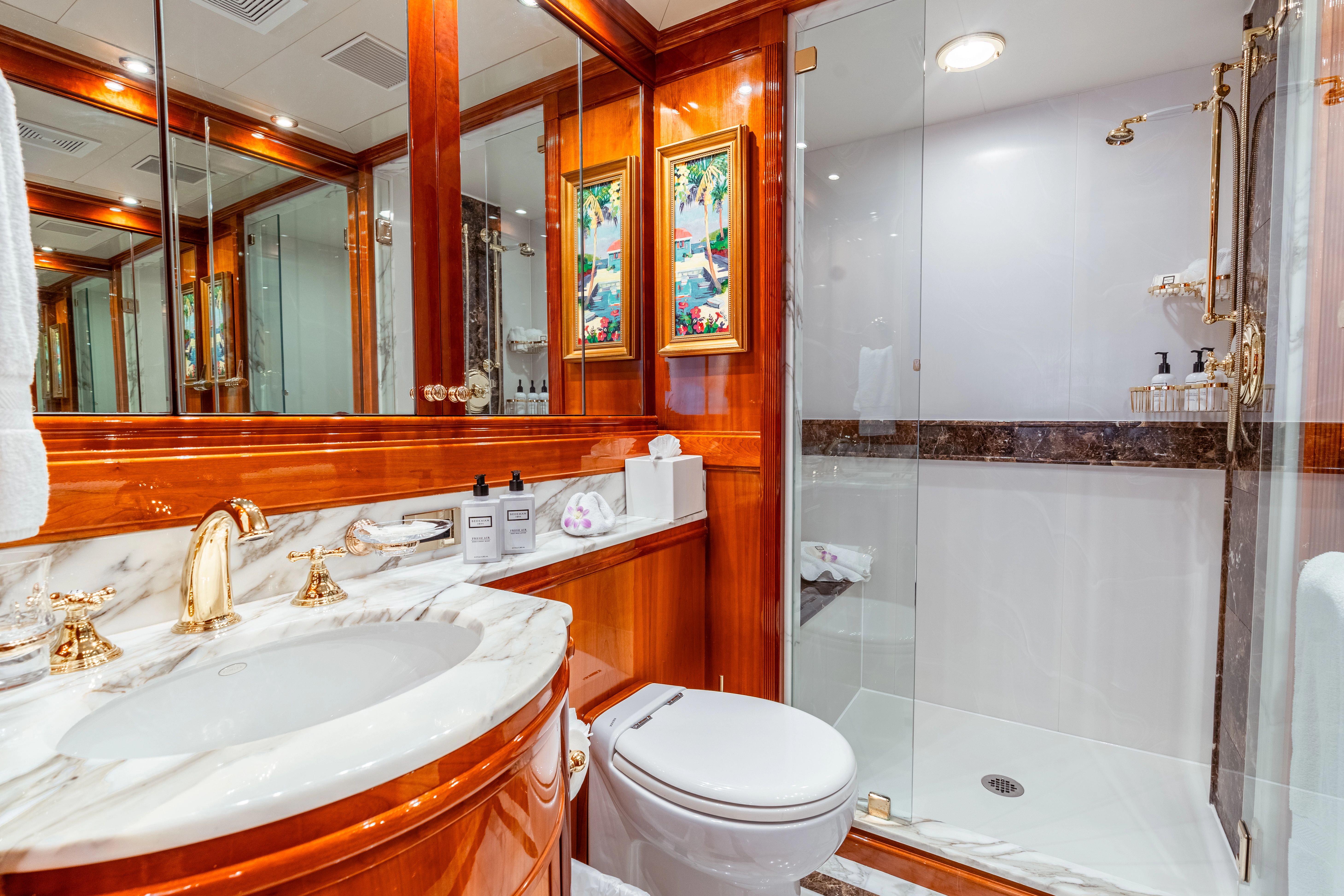 Luxurious bathroom with marble details and gold fixtures on a yacht.