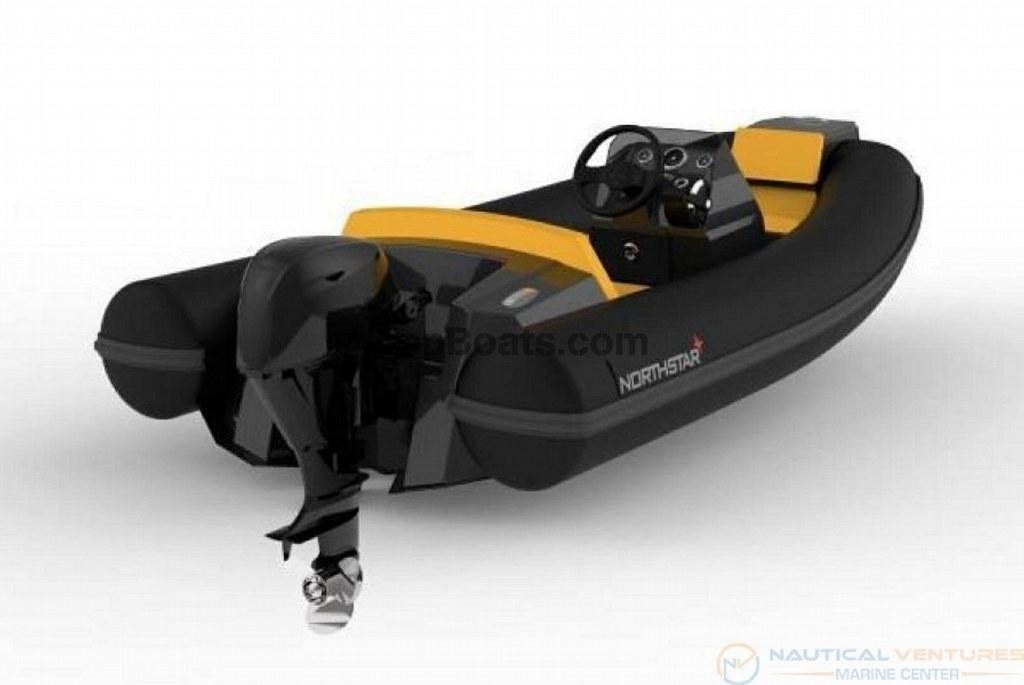 2022 Northstar Axs 3.1 inflatable boat with outboard motor, black and yellow design.