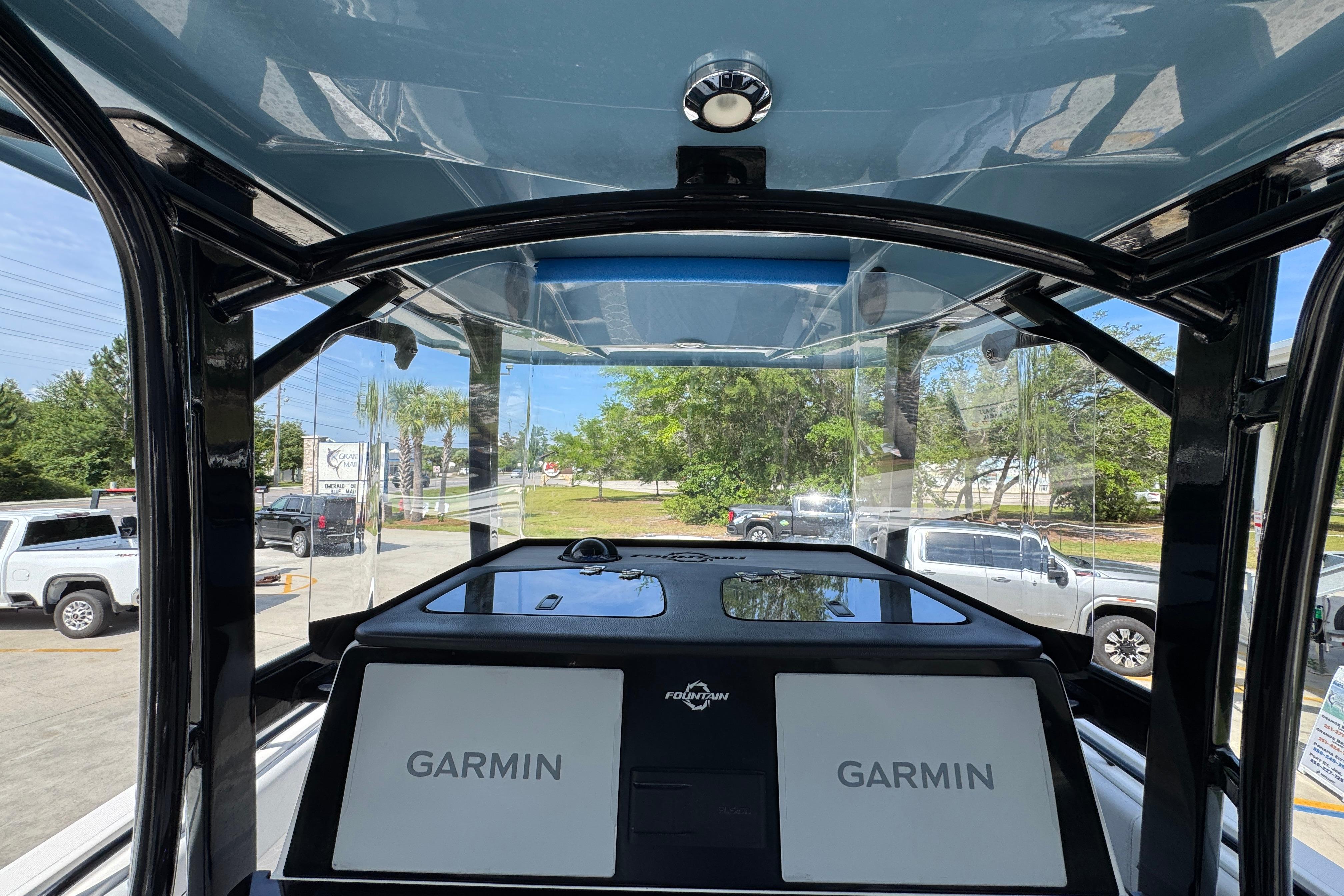 2023 Fountain 34 Tournament Edition boat helm with dual Garmin displays.
