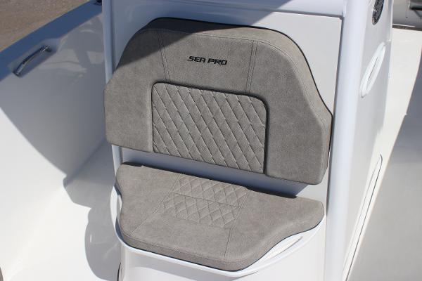 2023 Sea Pro 239 Center Console boat seat with gray cushioned upholstery.