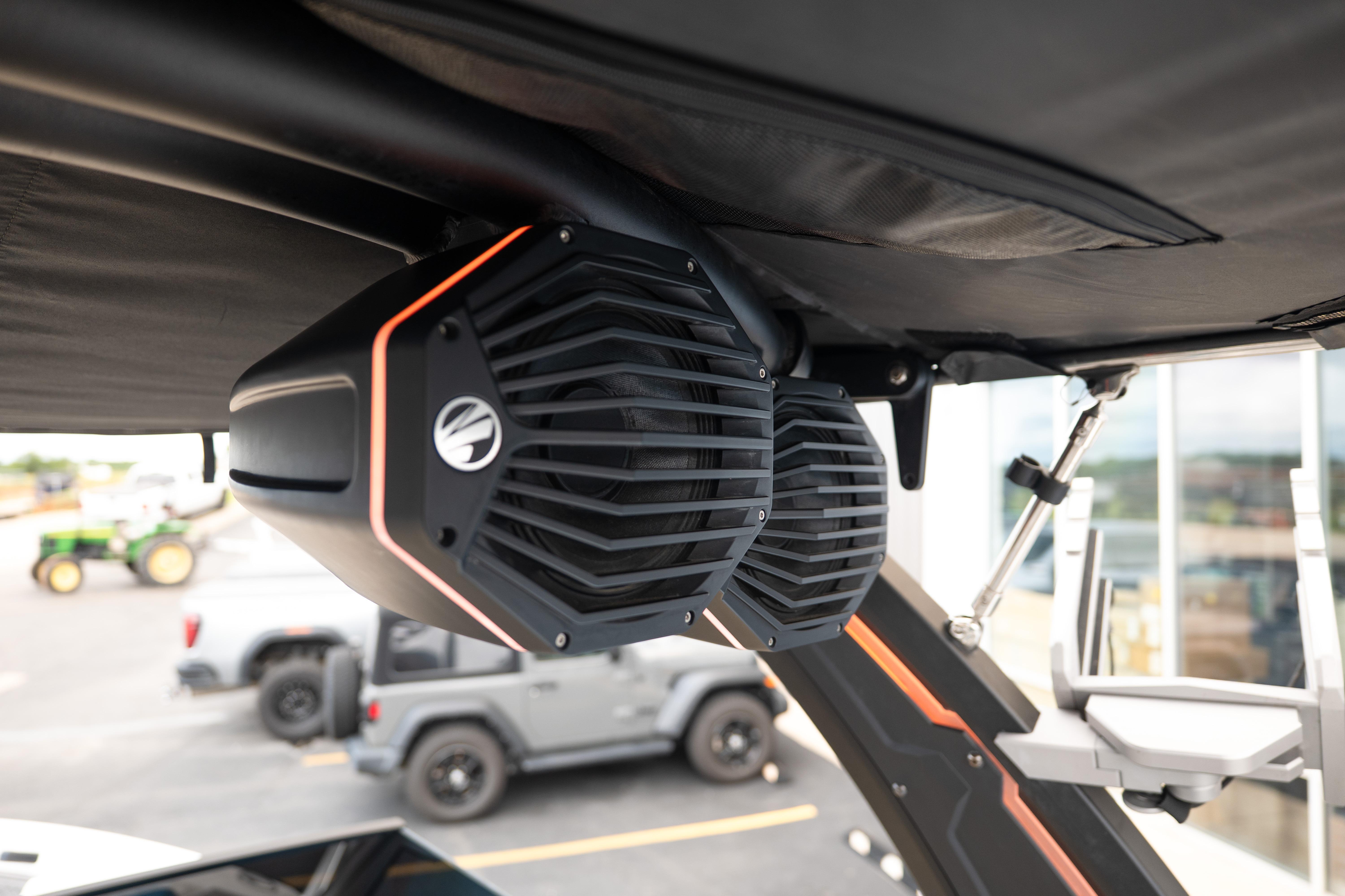 2024 Tigé Z5 boat speakers mounted under a canopy, showcasing sleek design and functionality.