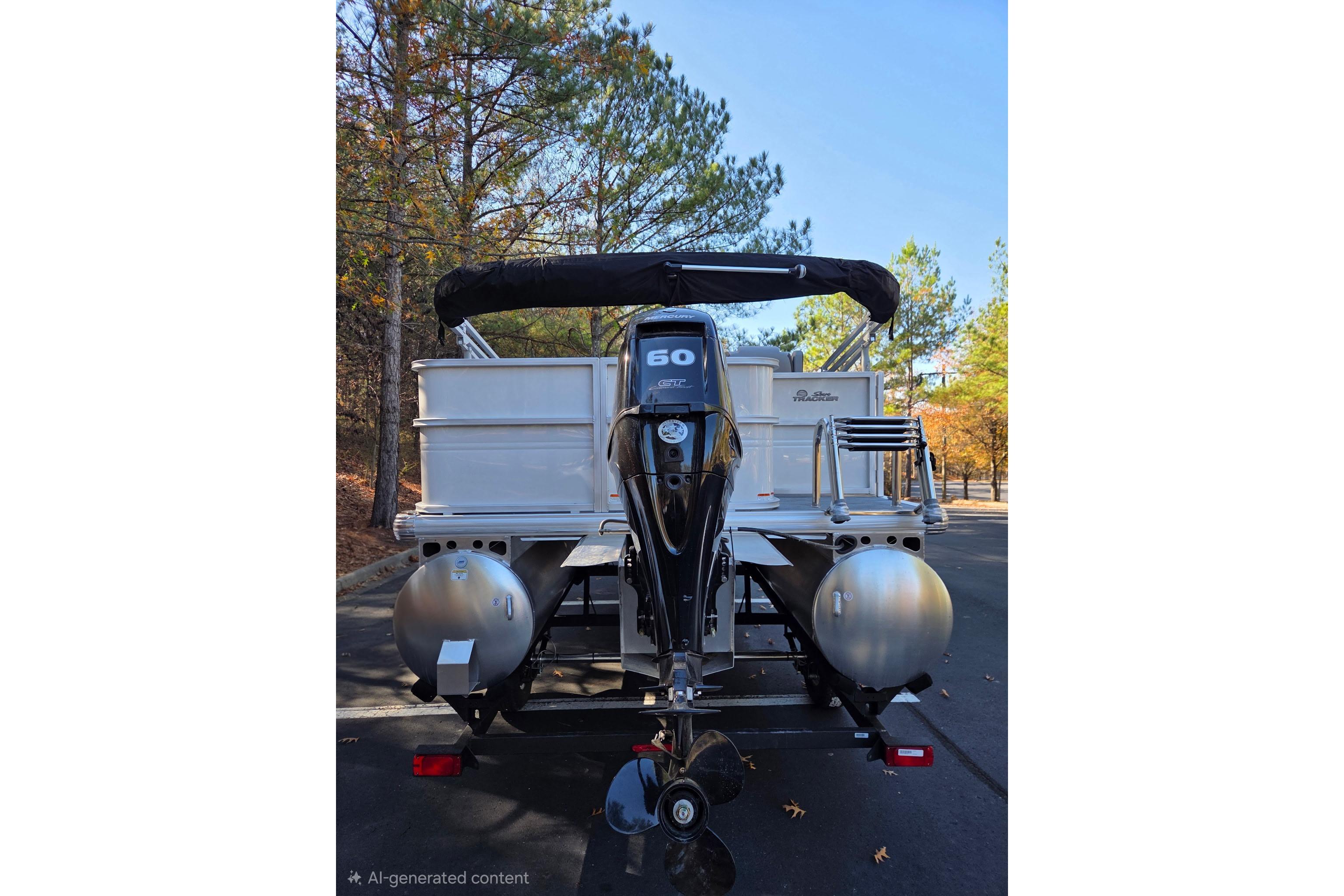 2026 Sun Tracker Party Barge 18 DLX pontoon boat with 60 HP engine, parked outdoors.