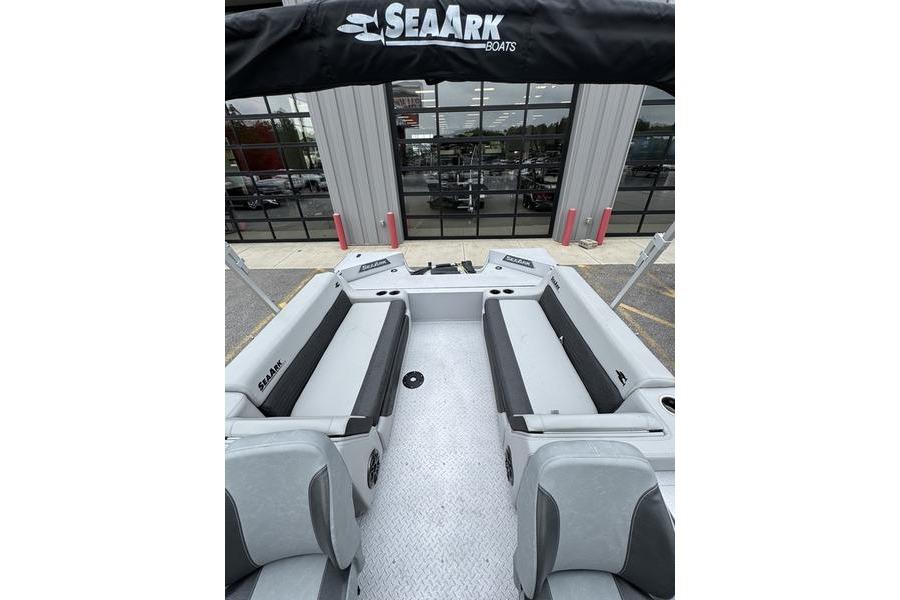 2025 SeaArk Super Lounge Easy boat interior with gray seating and spacious layout.