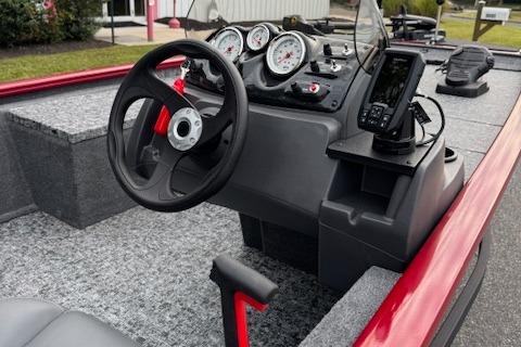 2026 Tracker Pro 170 boat dashboard with steering wheel and navigation system.