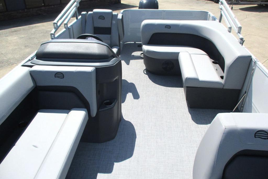 2026 Sun Tracker Party Barge 18 DLX interior with spacious seating and modern design.