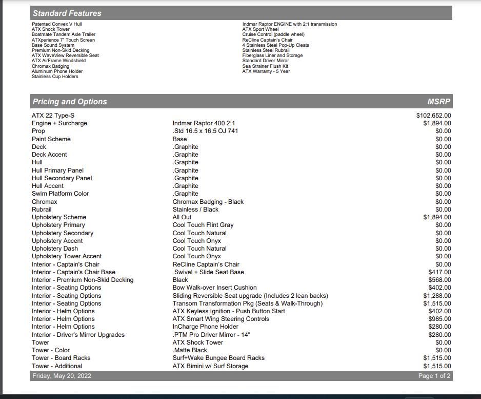 Pricing and options list for the 2022 ATX Surf Boat 22 Type-S.