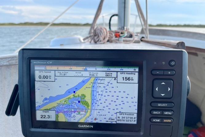 GPS navigation system on a 1976 Custom 22 Wooden Sloop, displaying nautical charts.