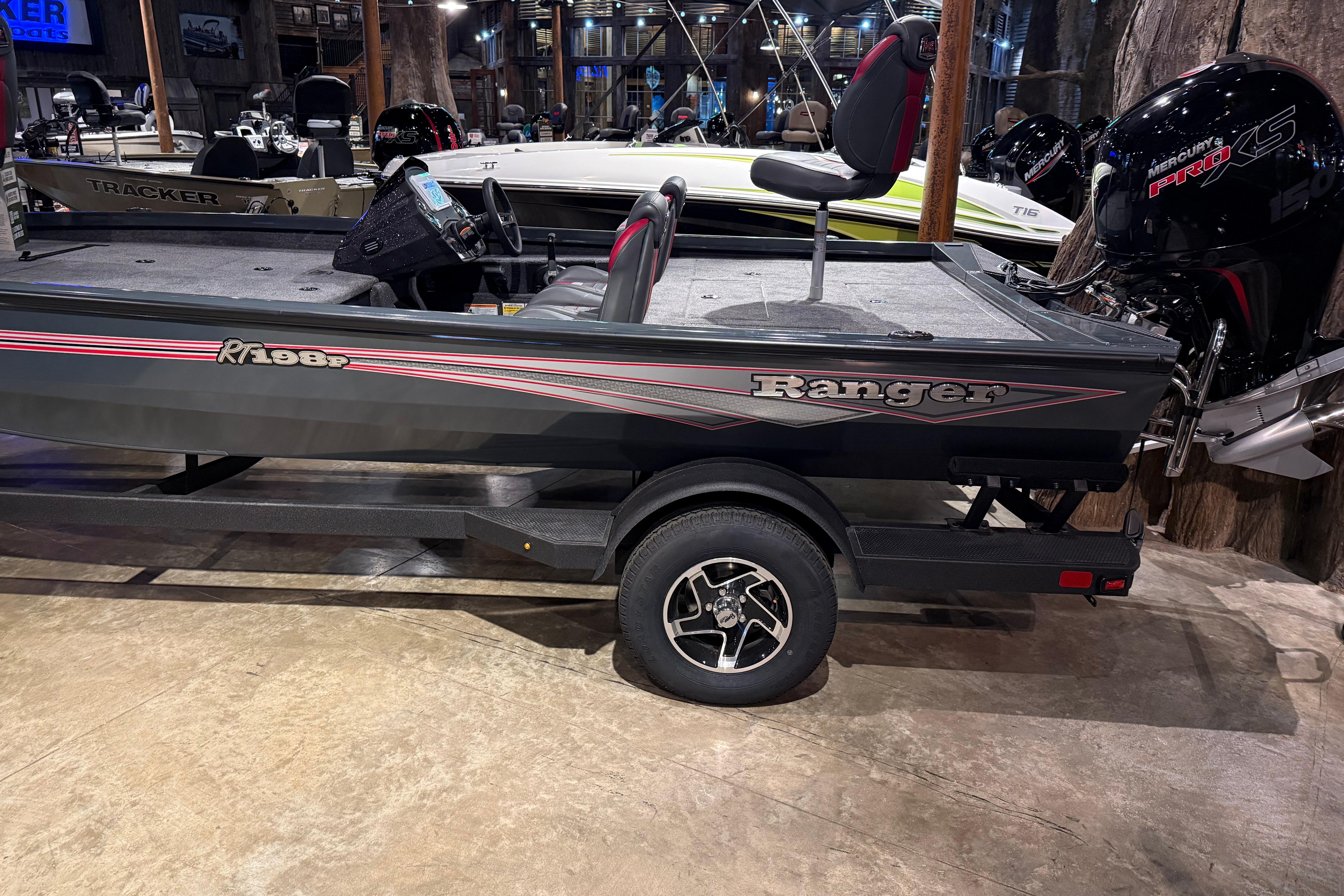 2026 Ranger RT198P fishing boat on display with Mercury Pro XS engine.