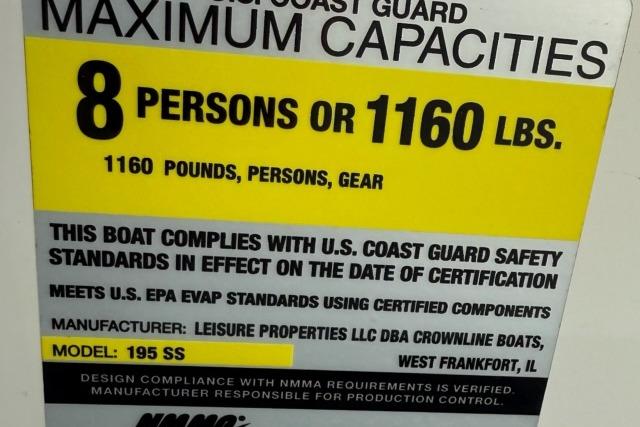 2012 195 SS boat capacity label: 8 persons or 1160 lbs, U.S. Coast Guard compliant.