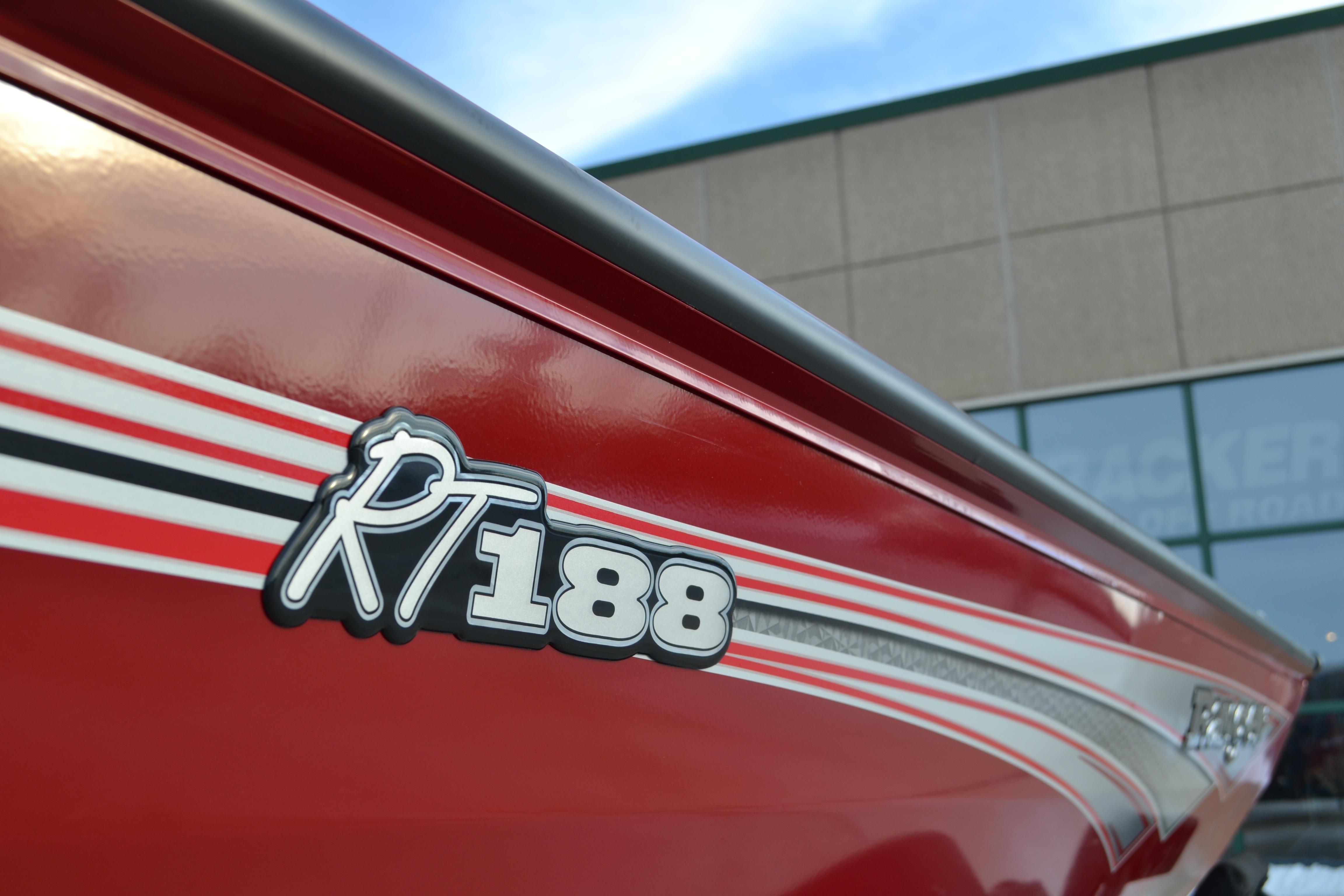 2026 Ranger RT188 boat with red and white stripes, close-up view.