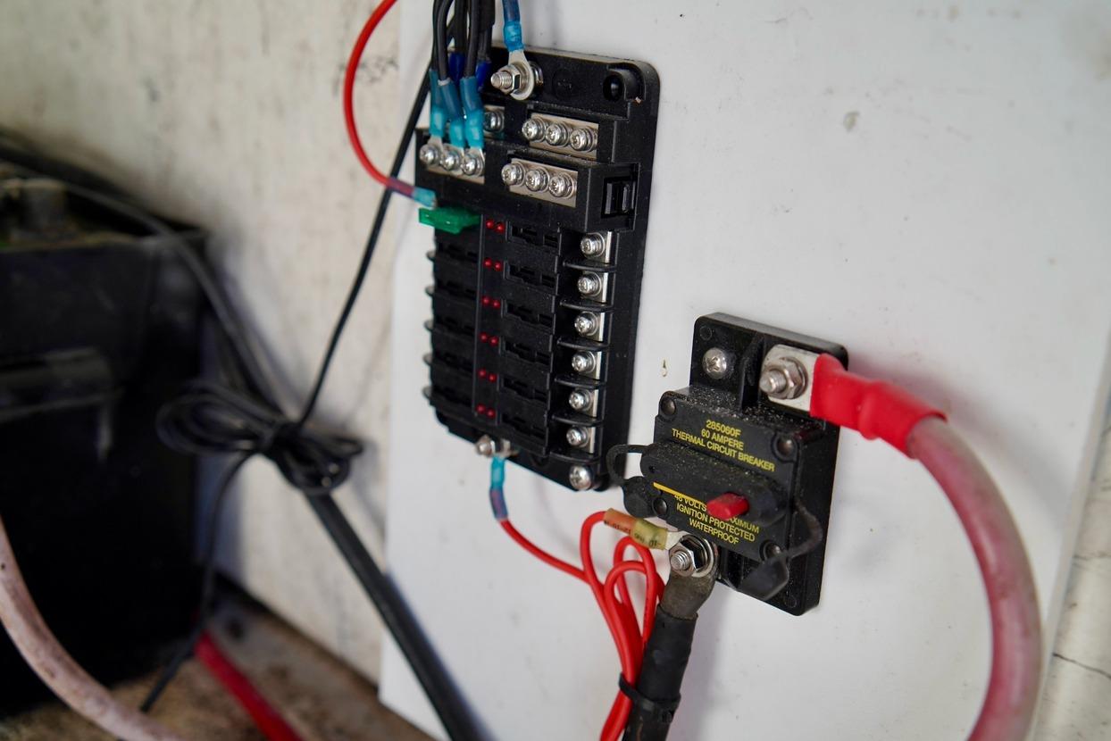 Electrical panel and circuit breaker on a 1970 Aquasport 222 Flatback boat.
