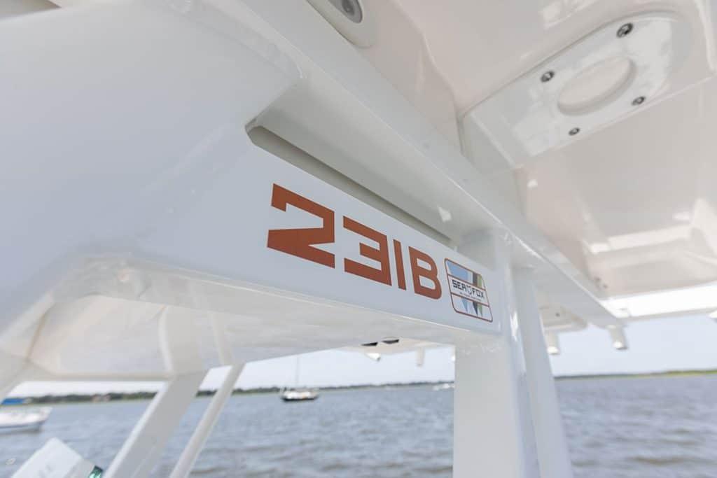 Close-up of 2027 Sea Fox 231 Bay Fox boat detail with logo.