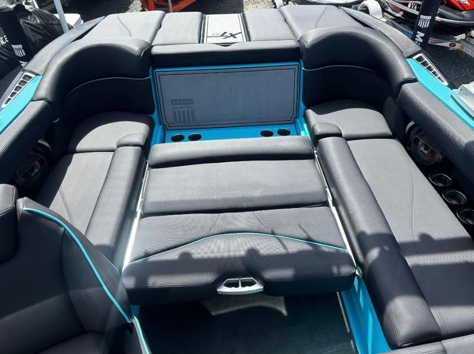 Interior of a 2019 MasterCraft XT boat with gray seating.