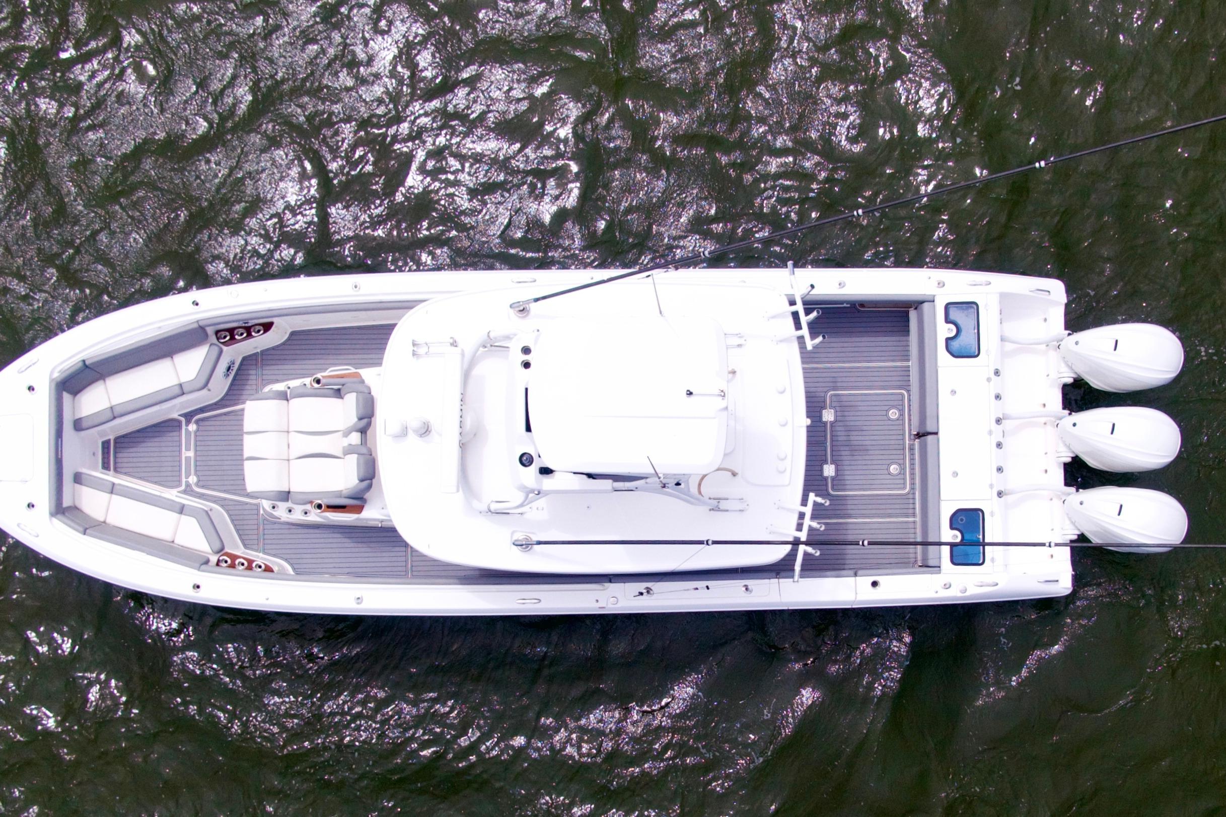Overhead view of 2023 Everglades 395 Center Console boat on water.