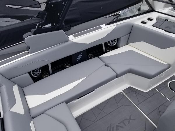 2023 ATX Surf Boats 20 Type-S interior seating with gray and white upholstery.