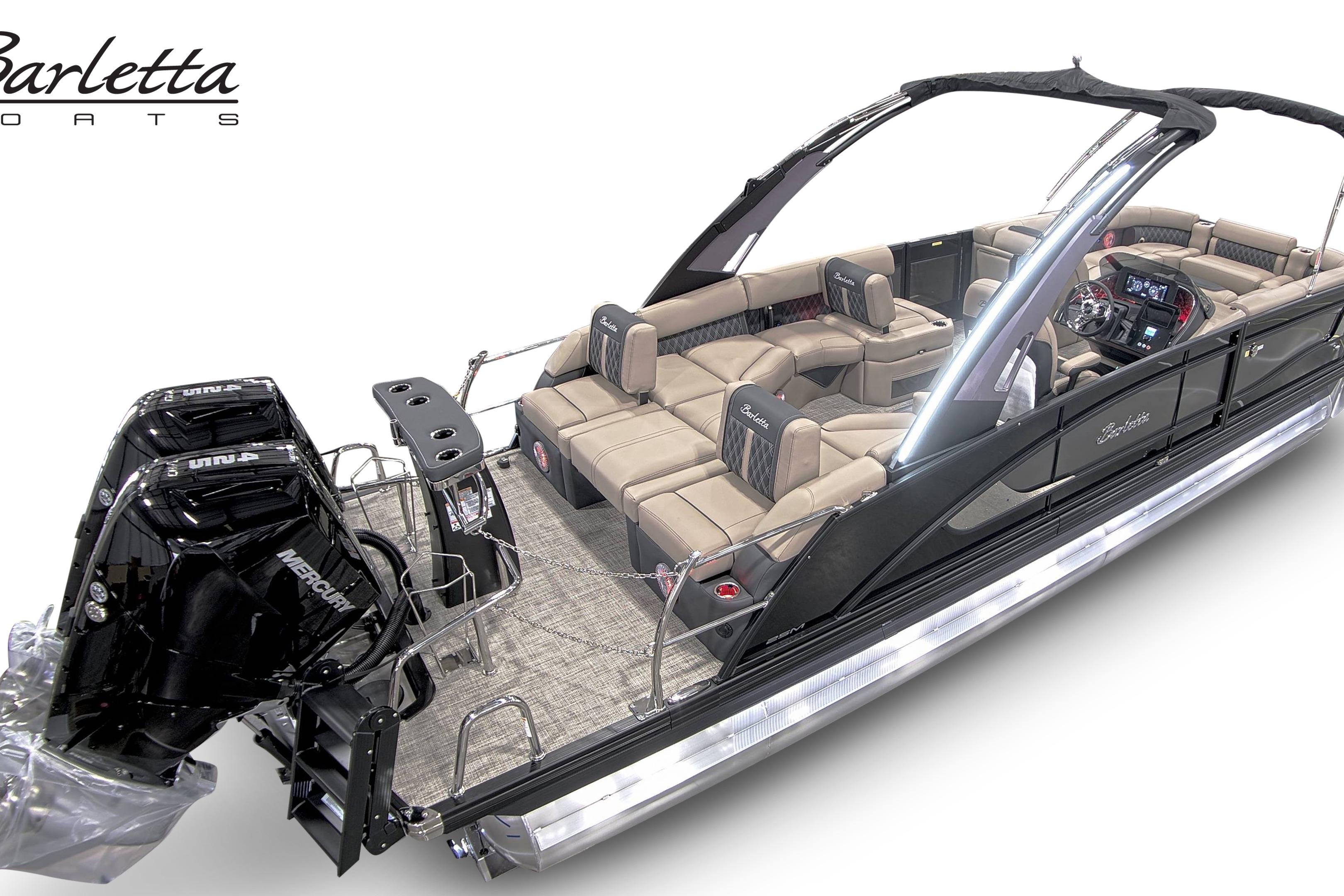 2027 Barletta L25MAT luxury pontoon boat with sleek design and powerful Mercury engines.
