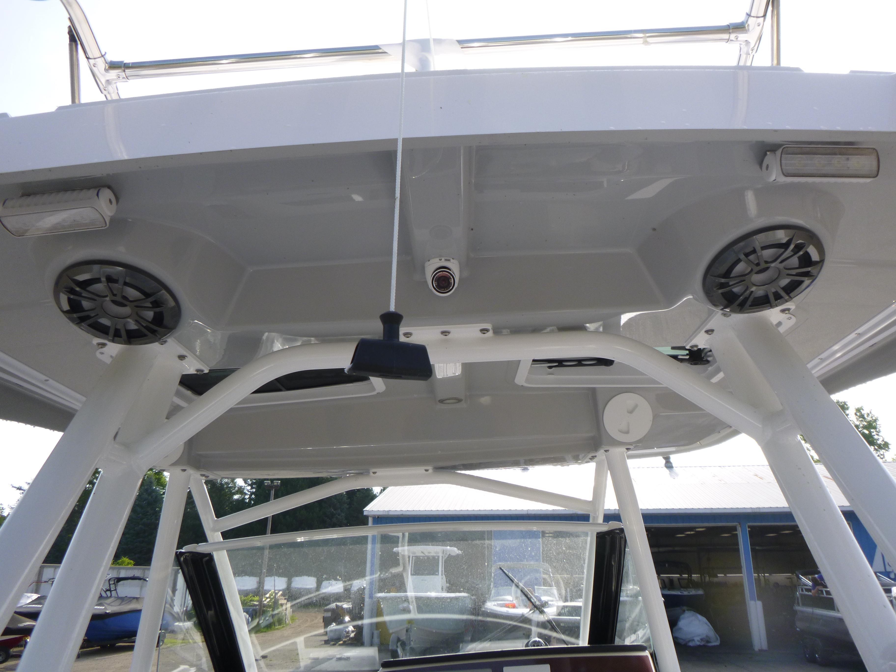2025 Solara S-250 CW boat roof with speakers and support structure.