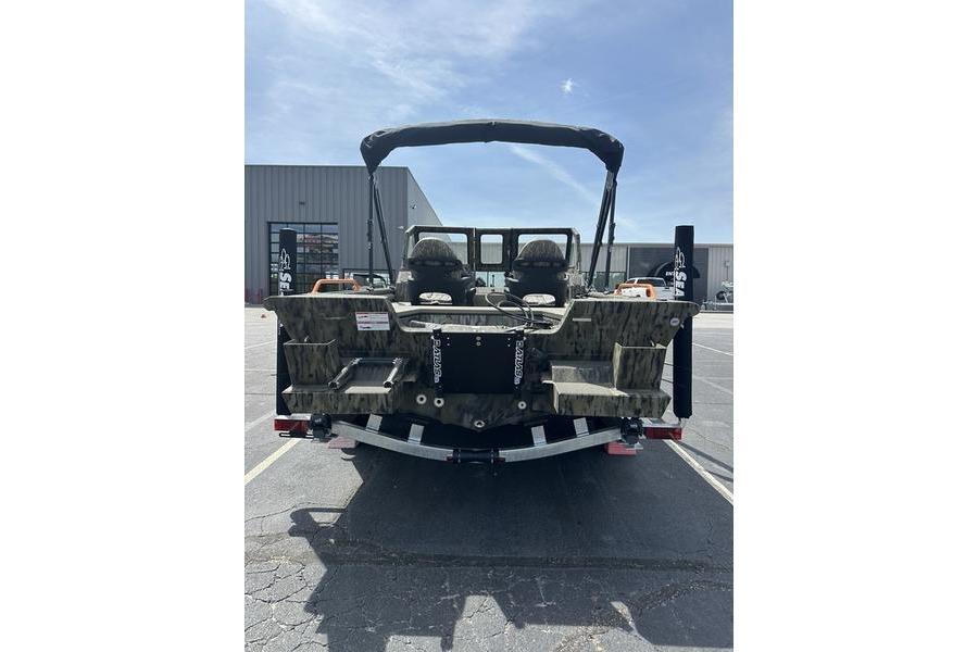 2026 SeaArk EasyCat boat with camouflage design, parked outdoors under a clear sky.